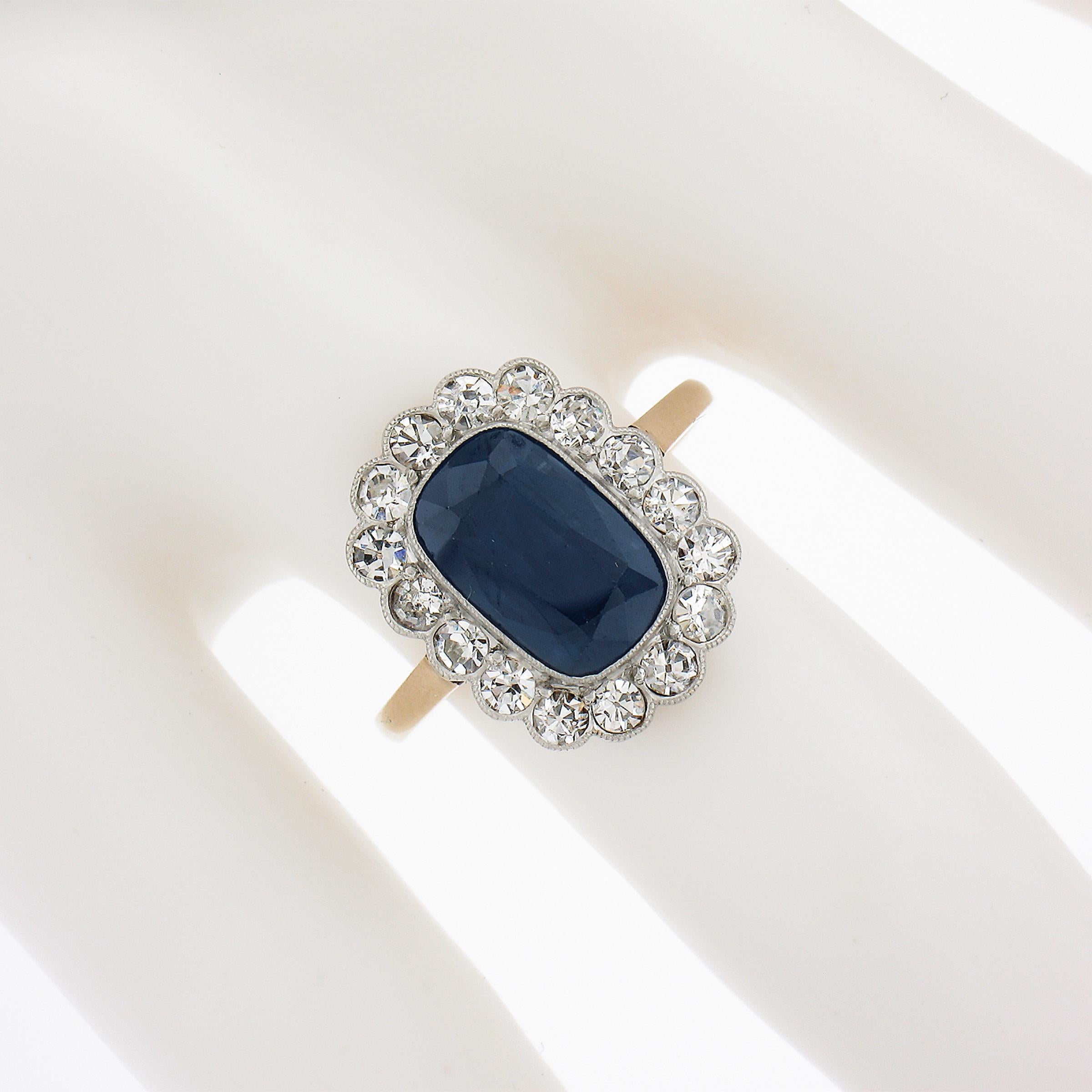 Antique Edwardian 14K Gold & Platinum 3.60ctw GIA Sapphire Diamond Halo Ring In Excellent Condition For Sale In Montclair, NJ