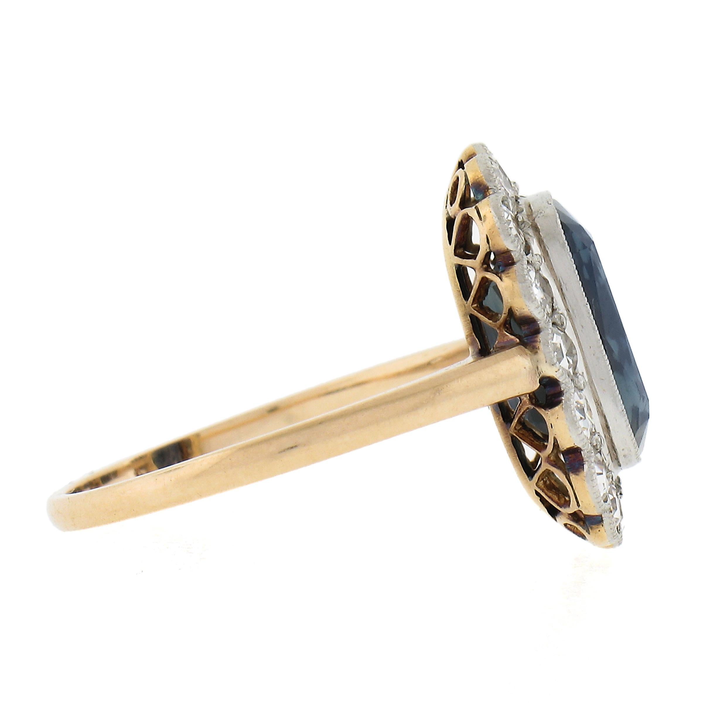 Women's Antique Edwardian 14K Gold & Platinum 3.60ctw GIA Sapphire Diamond Halo Ring For Sale