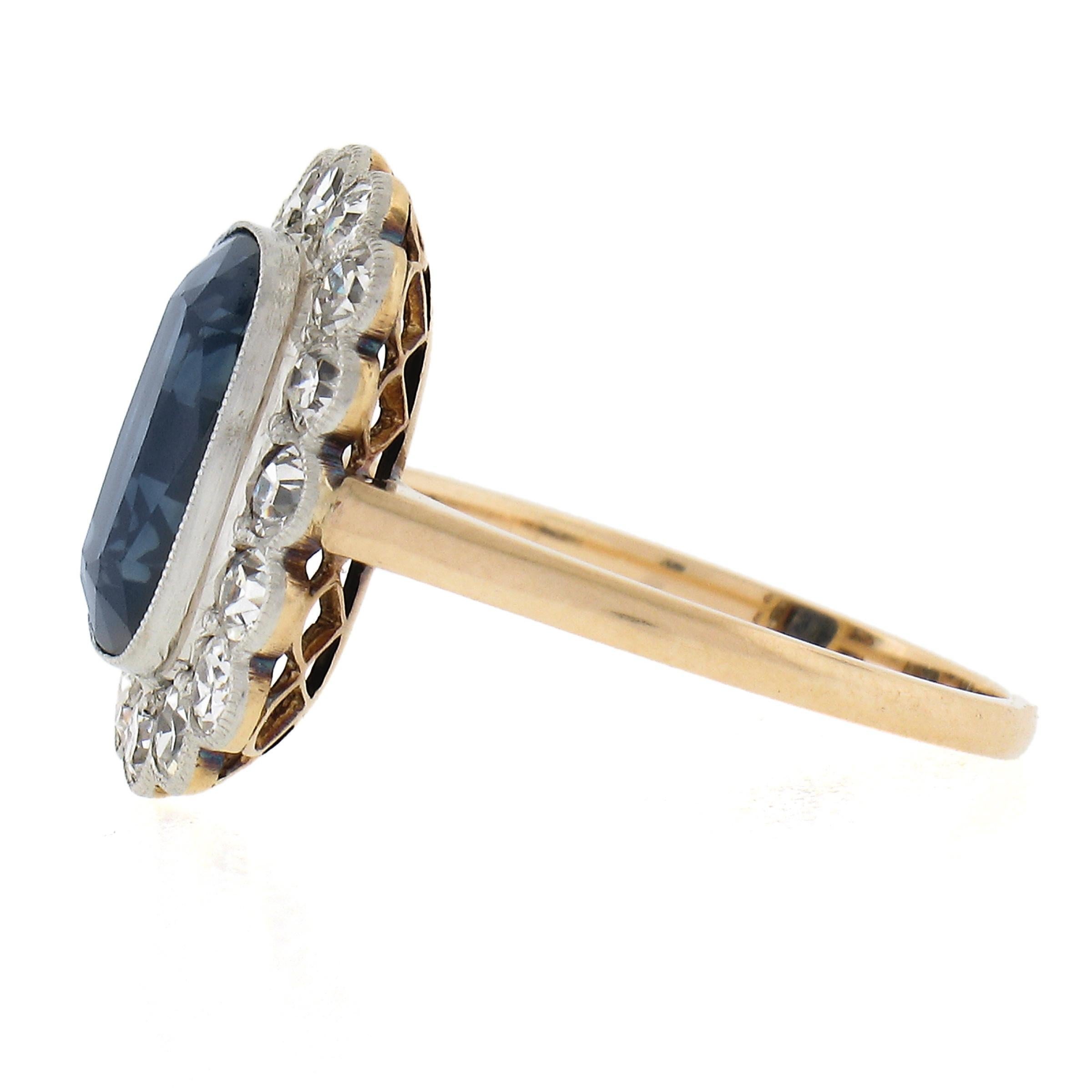 Antique Edwardian 14K Gold & Platinum 3.60ctw GIA Sapphire Diamond Halo Ring For Sale 1