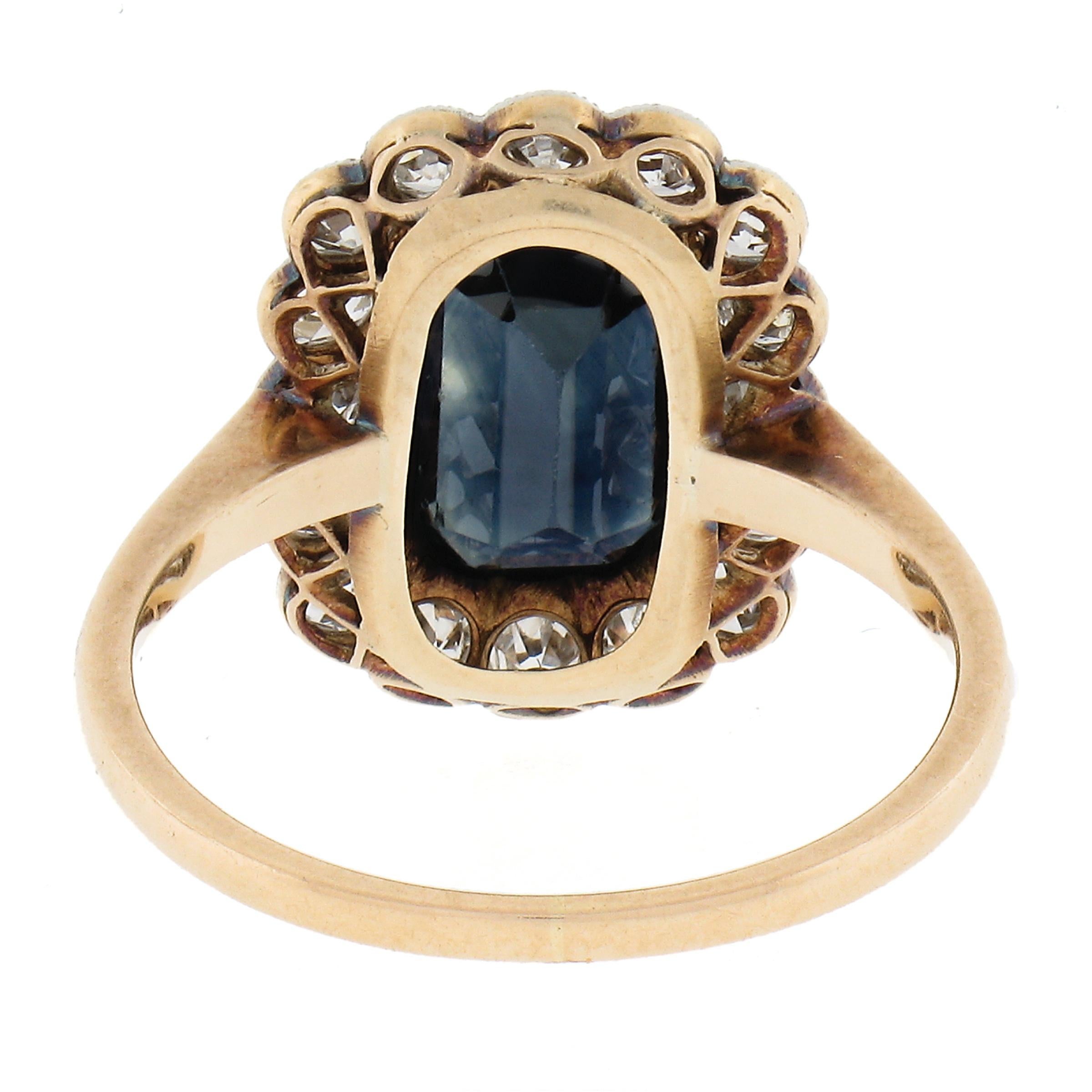 Antique Edwardian 14K Gold & Platinum 3.60ctw GIA Sapphire Diamond Halo Ring For Sale 2