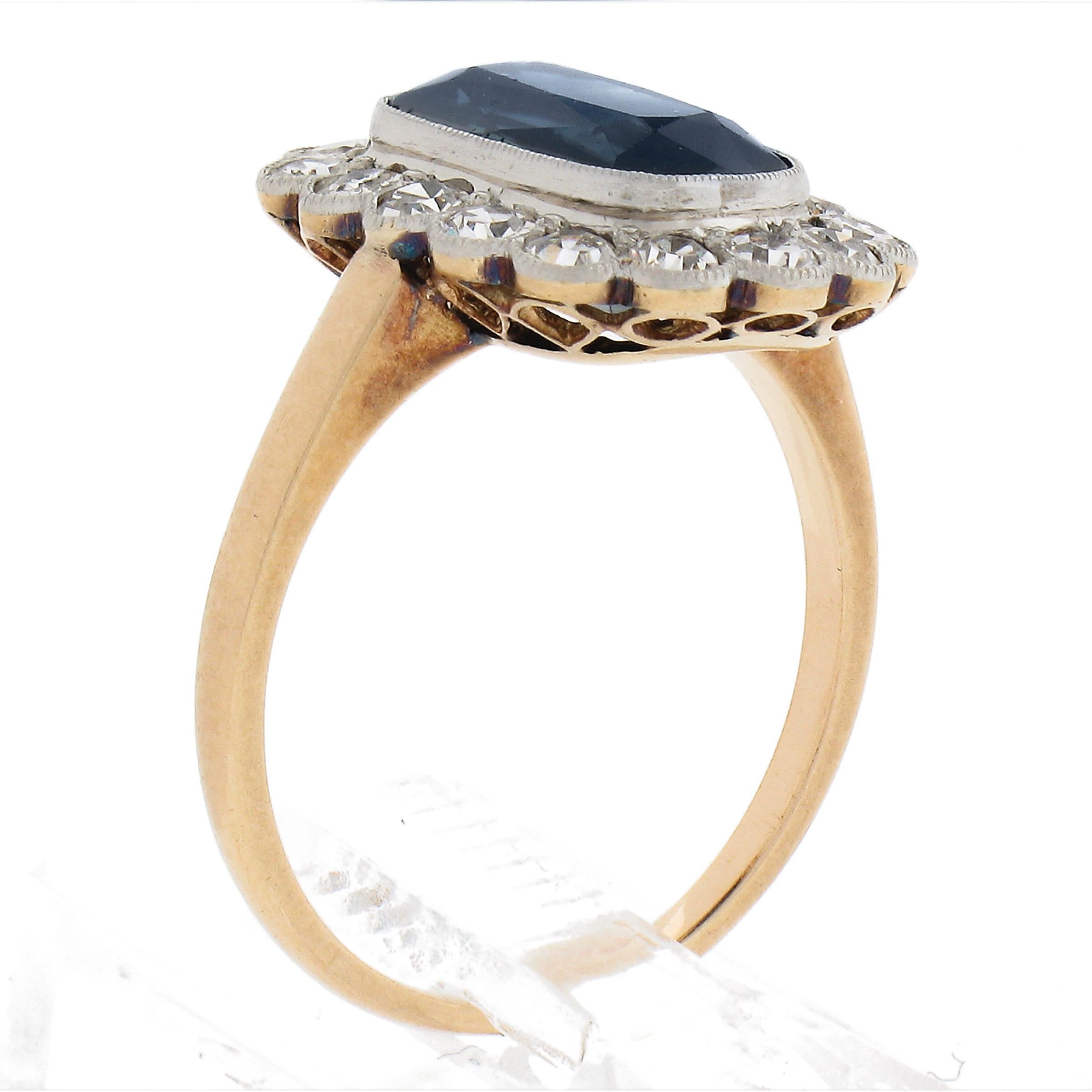 Antique Edwardian 14K Gold & Platinum 3.60ctw GIA Sapphire Diamond Halo Ring For Sale 4