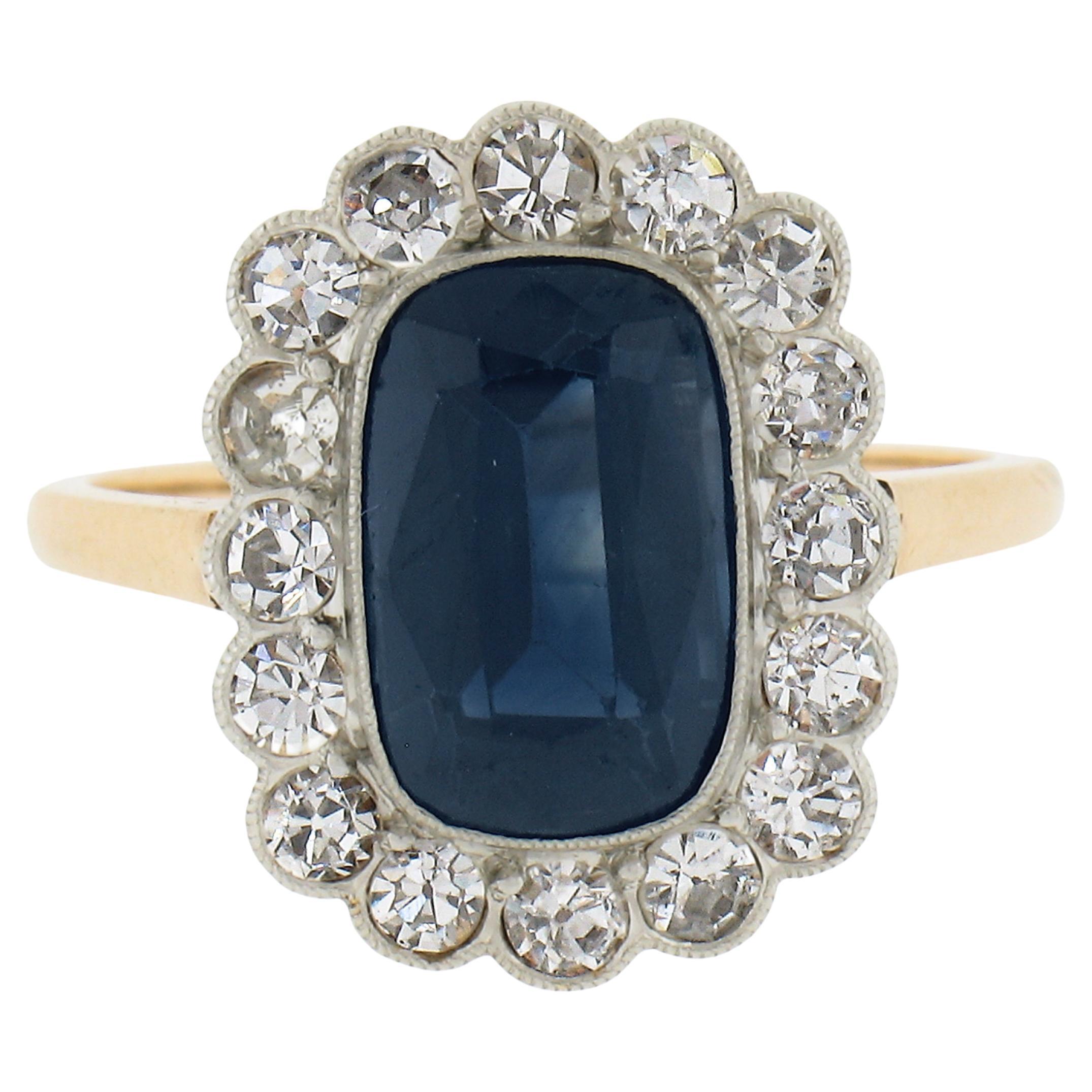 Antique Edwardian 14K Gold & Platinum 3.60ctw GIA Sapphire Diamond Halo Ring For Sale