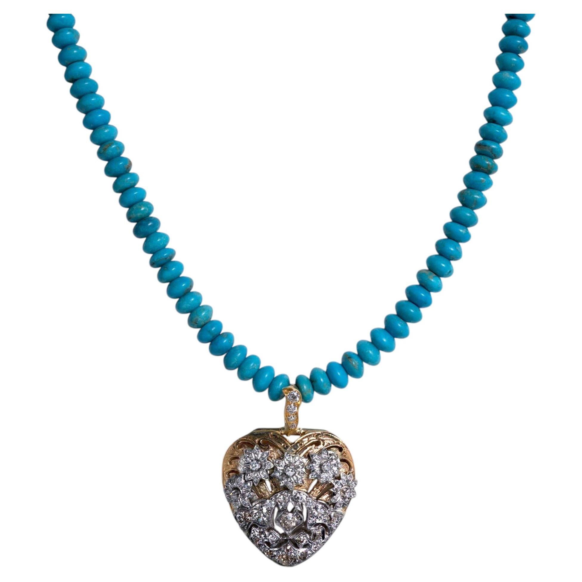 Collana antica edoardiana in oro 14K e platino con diamante e perline turchesi a forma di cuore