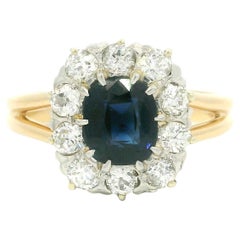 Bague édouardienne ancienne en or 14 carats platine GIA 1,56 carat saphir ancien non chauffé et diamants