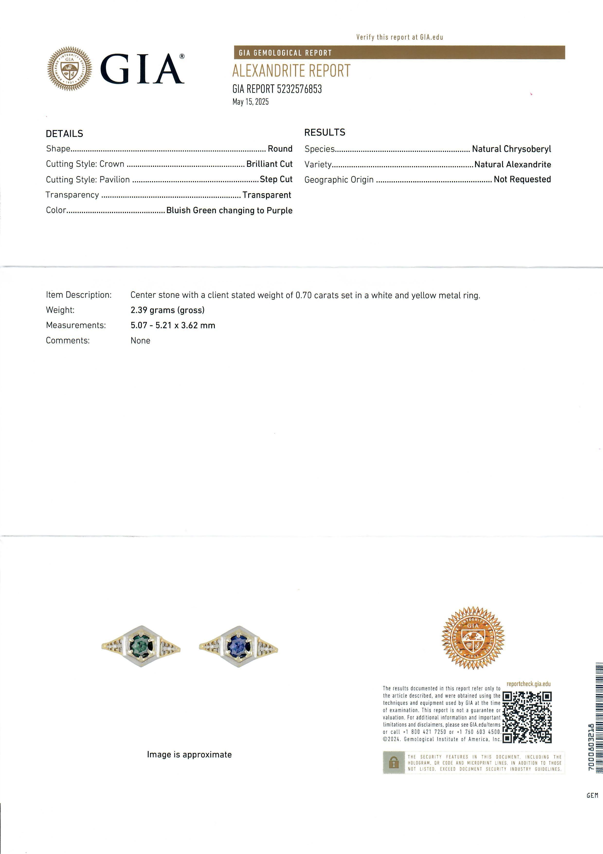 --Stone(s):--
(1) Natural Genuine Chrysoberyl Alexandrite - Round Cut - Prong Set - Bluish Green changing to Purple Color - 0.70ct (approx.)
** See Certification Details Below for Complete Info **

Material: Solid 14k Yellow Gold w/ Platinum Top &