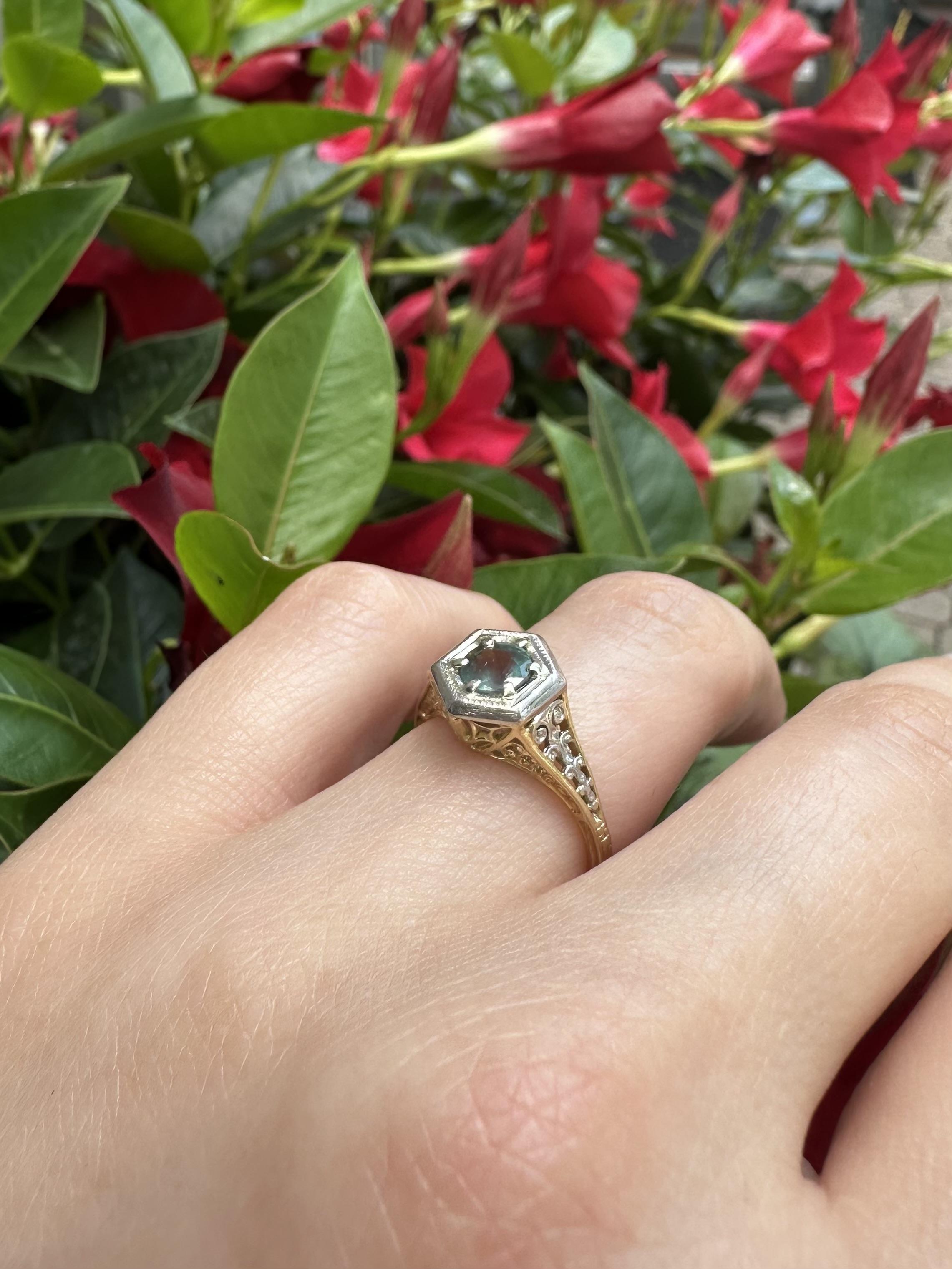 Antique Edwardian 14k Gold & Platinum GIA Color Change Alexandrite Filigree Ring 1