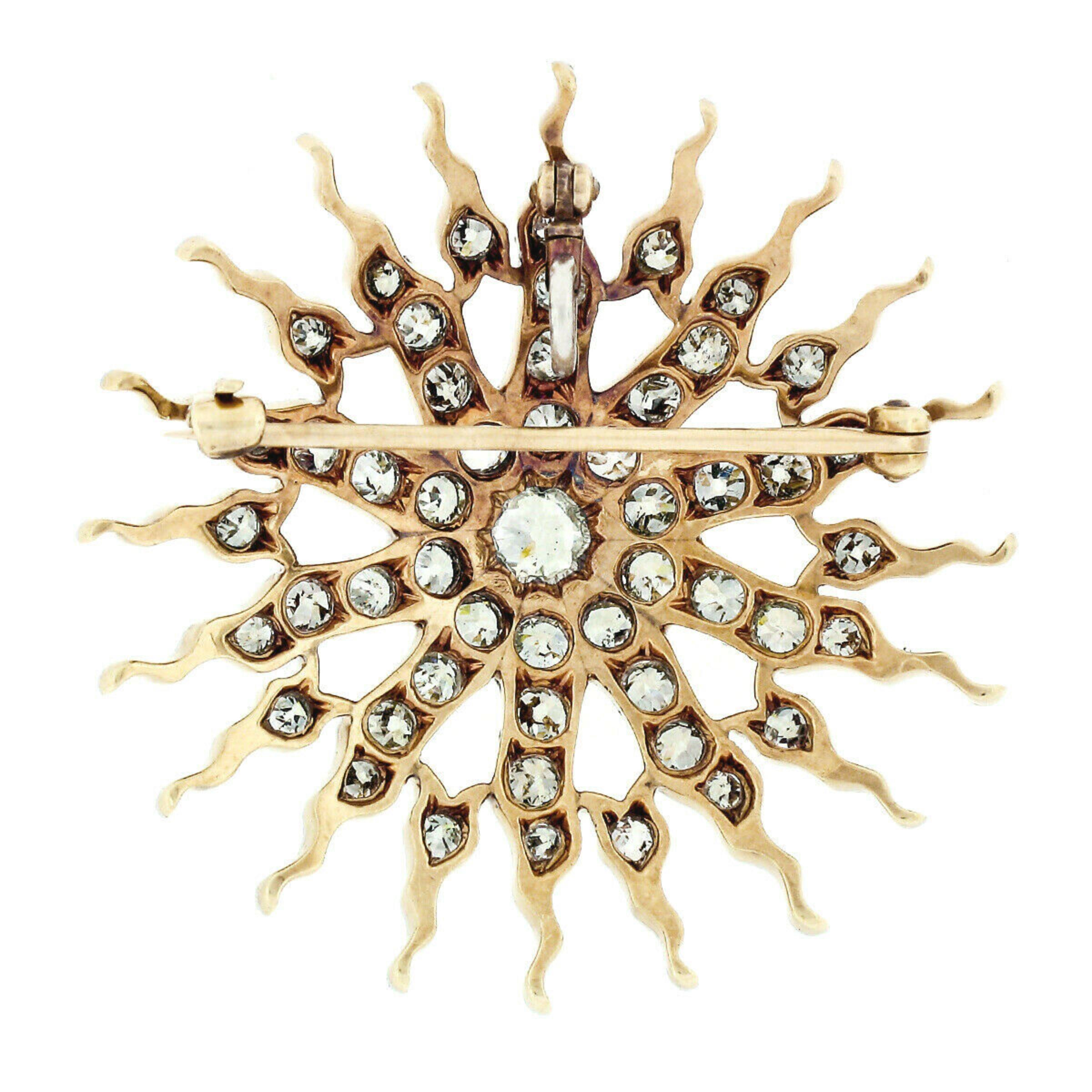 Women's Antique Edwardian 14k Gold Platinum Old Cut Diamond Sunburst Brooch Pin Pendant