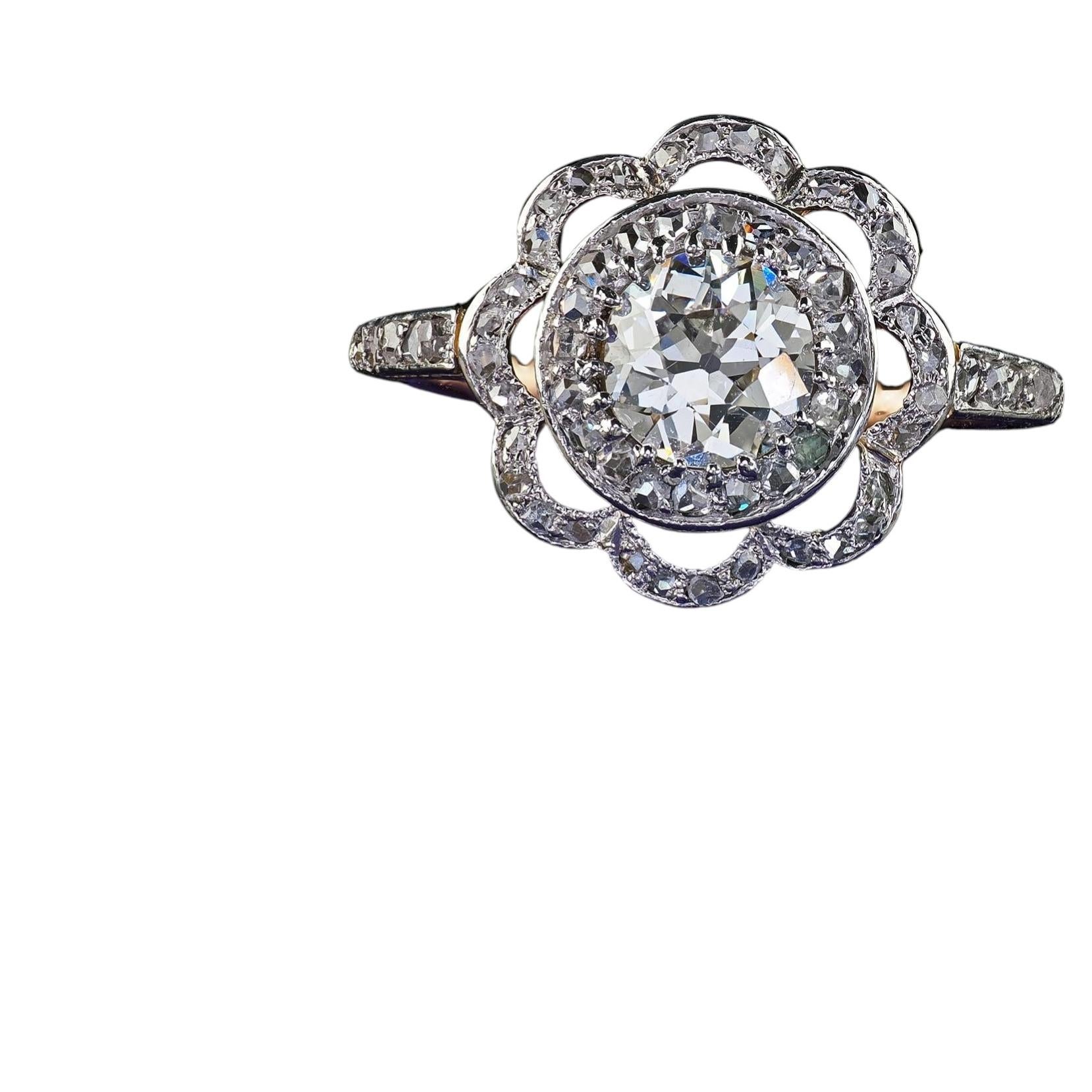 Antiguo anillo de compromiso de diamantes en oro eduardiano de 14 quilates y platino - GIA en venta
