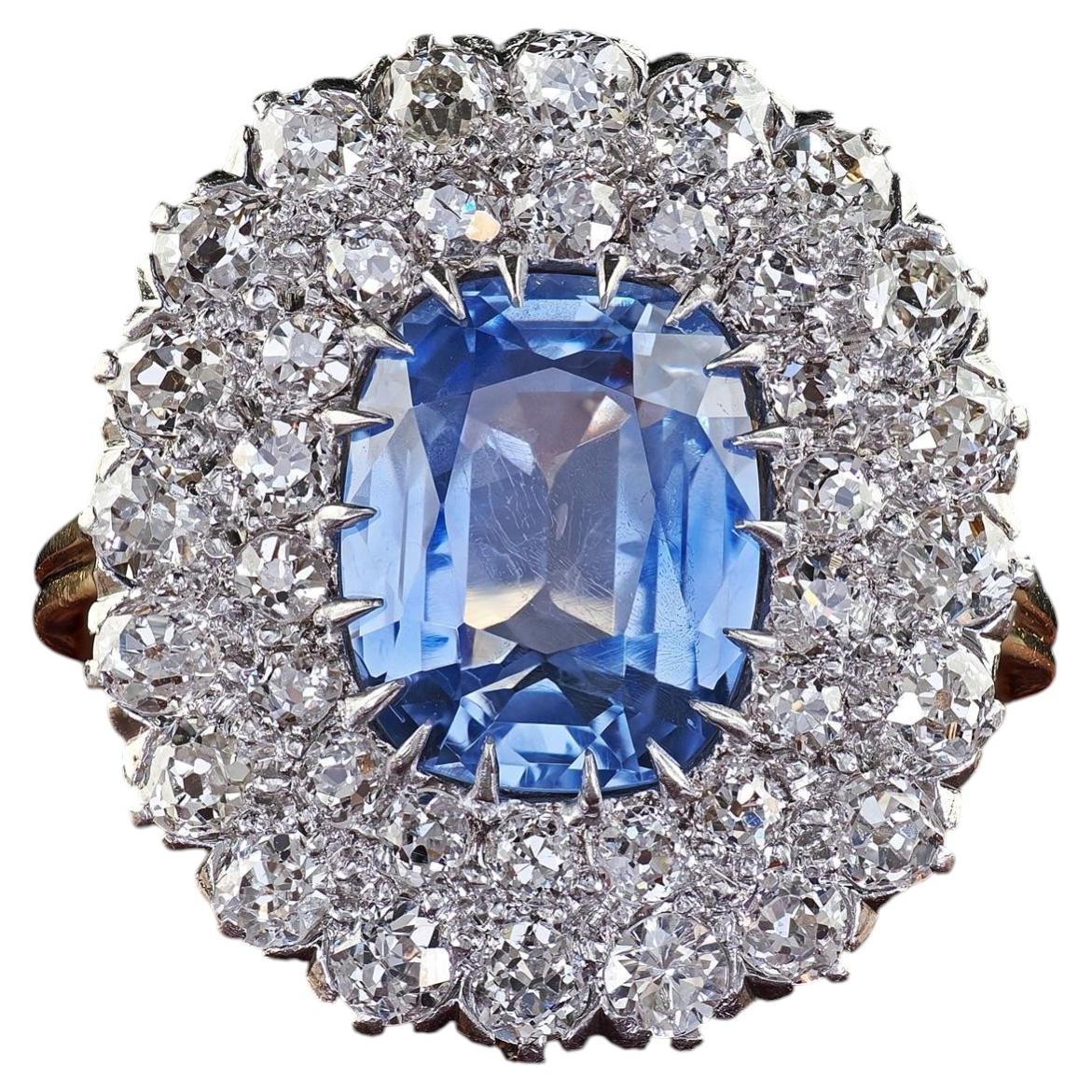 Antique Edwardian 14K Gold Platinum Old Mine Diamond Ceylon Sapphire Ring - GIA