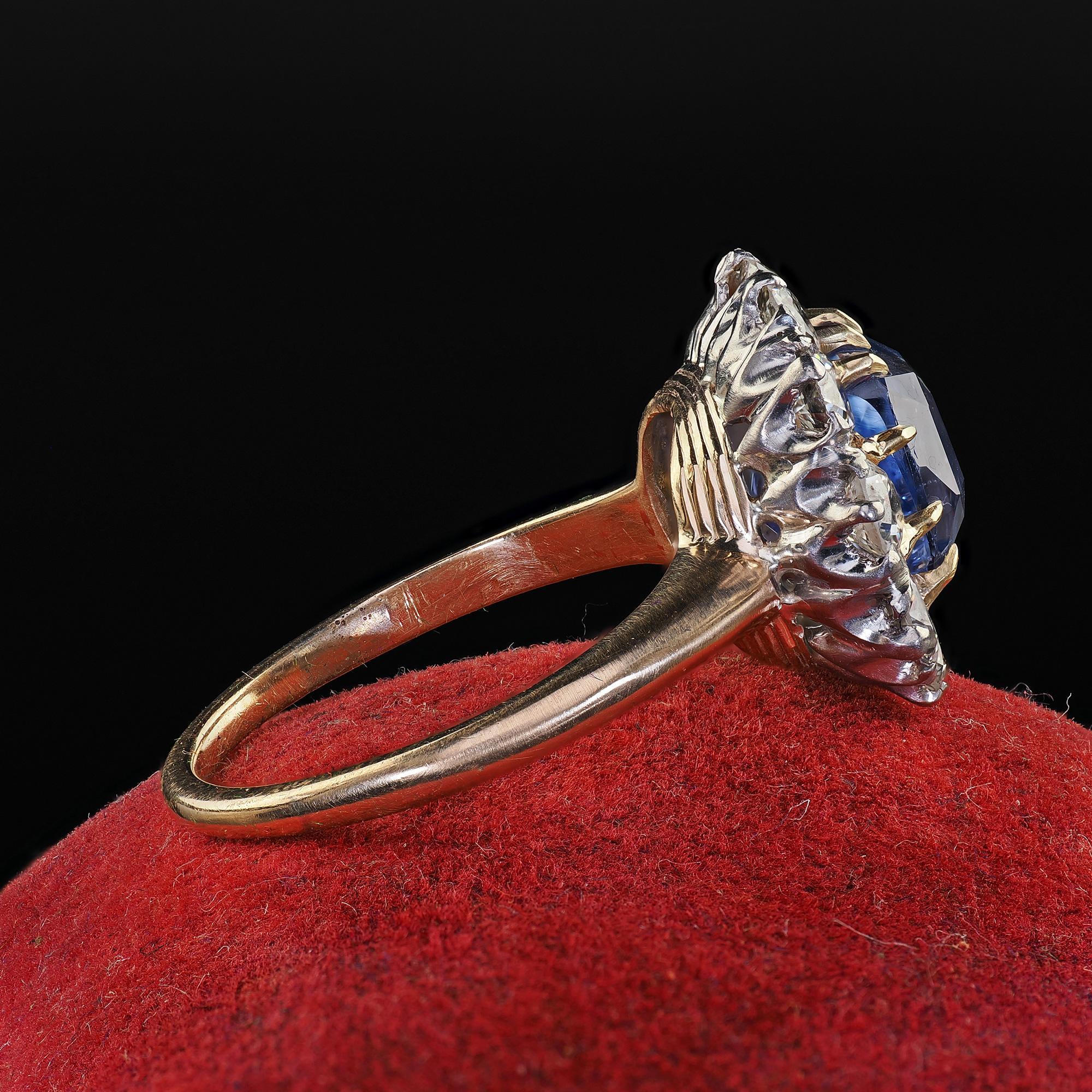 Antique Edwardian 14K Gold Platinum Sapphire and Diamond Engagement Ring - GIA In Good Condition In Great Neck, NY
