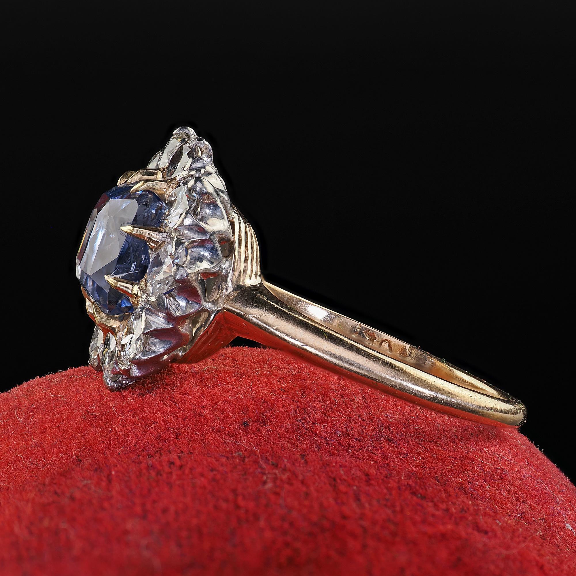 Women's Antique Edwardian 14K Gold Platinum Sapphire and Diamond Engagement Ring - GIA
