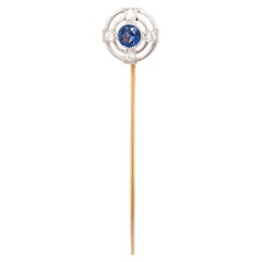 Antique Edwardian 14K Gold, Platinum-Topped, Sapphire, and Diamond Stickpin