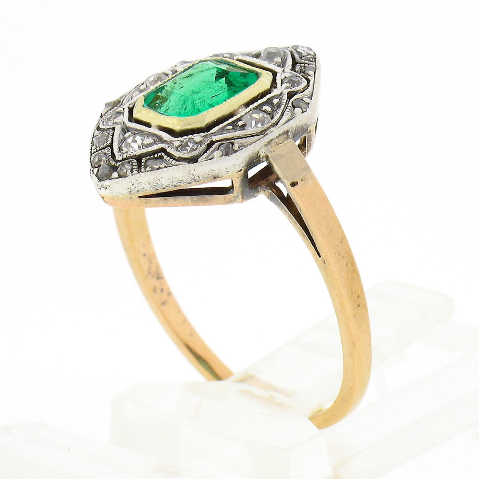 Antique Edwardian 14k Gold Silver Emerald Solitaire w/ Pave Diamond Platter Ring 2