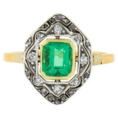 Antique Edwardian 14k Gold Silver Emerald Solitaire w/ Pave Diamond Platter Ring
