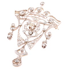 Antiguo broche eduardiano de oro y plata de 14 quilates con diamantes talla antigua calados