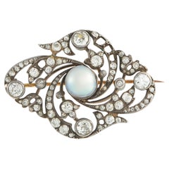 Antique Edwardian 14K Rose Gold & Silver 3.0ct Diamond & Pearl Brooch