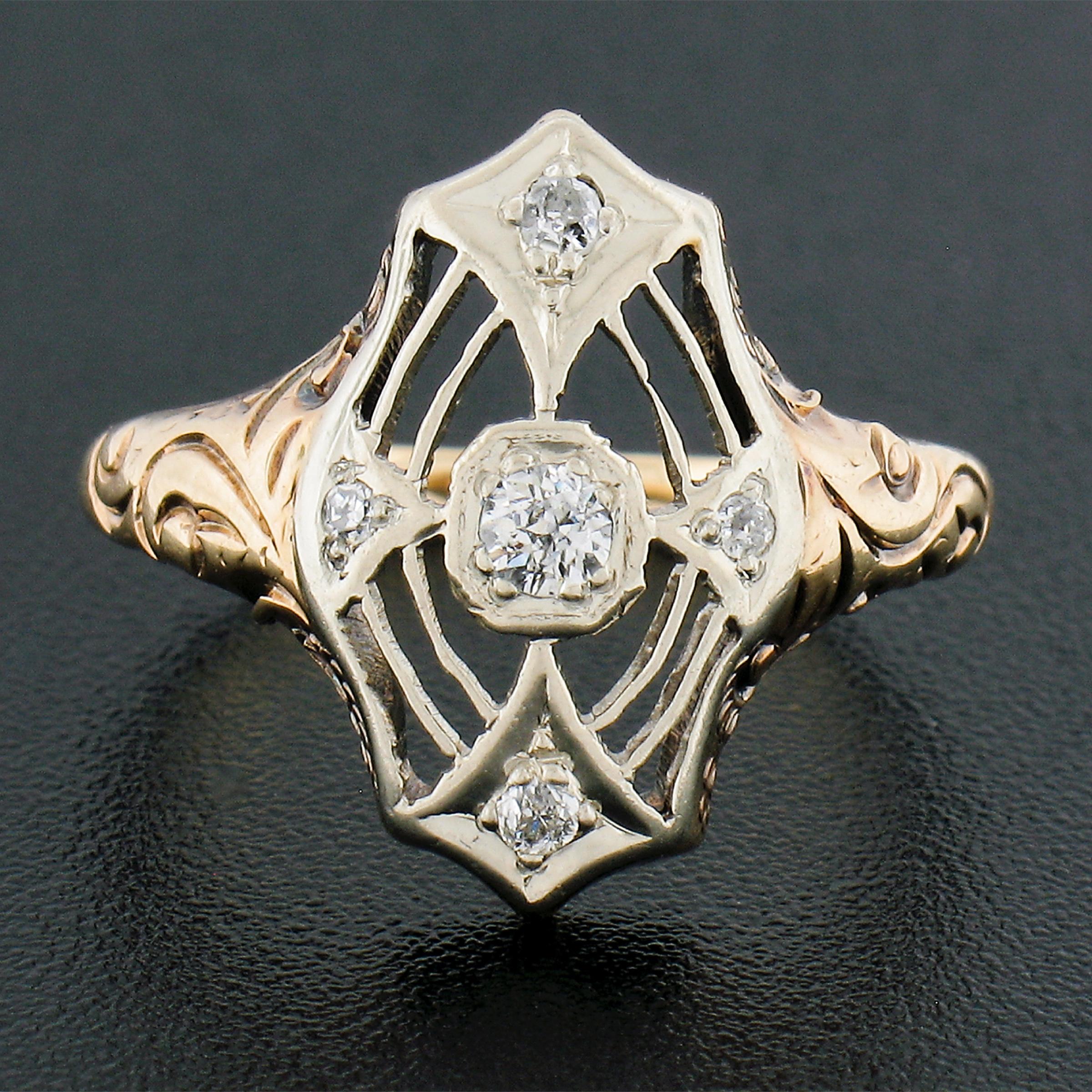 Old European Cut Antique Edwardian 14k Two Tone Gold Old European Diamond Filigree Repousse Ring For Sale