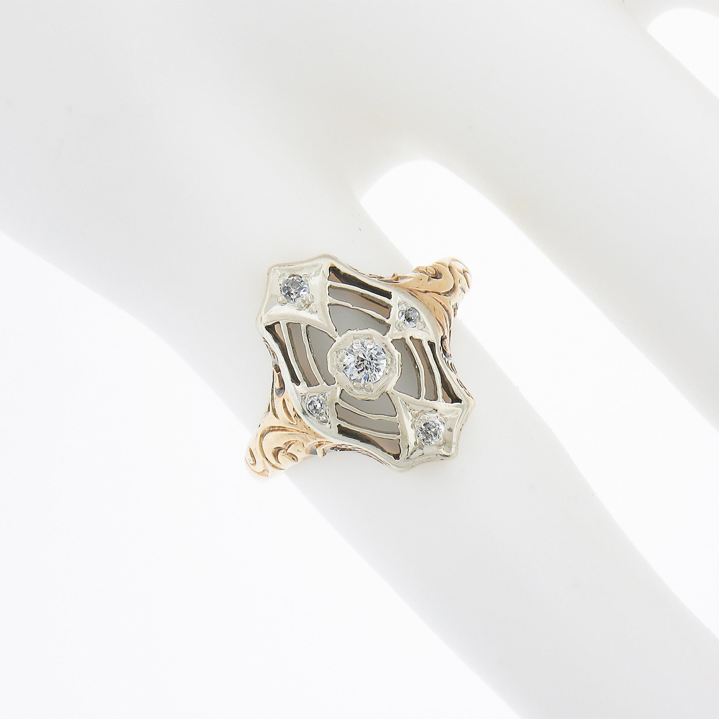 Antiker edwardianischer 14k zweifarbiger filigraner Repousse-Ring aus Gold mit alteuropäischem Diamanten (Alteuropäischer Schliff) im Angebot