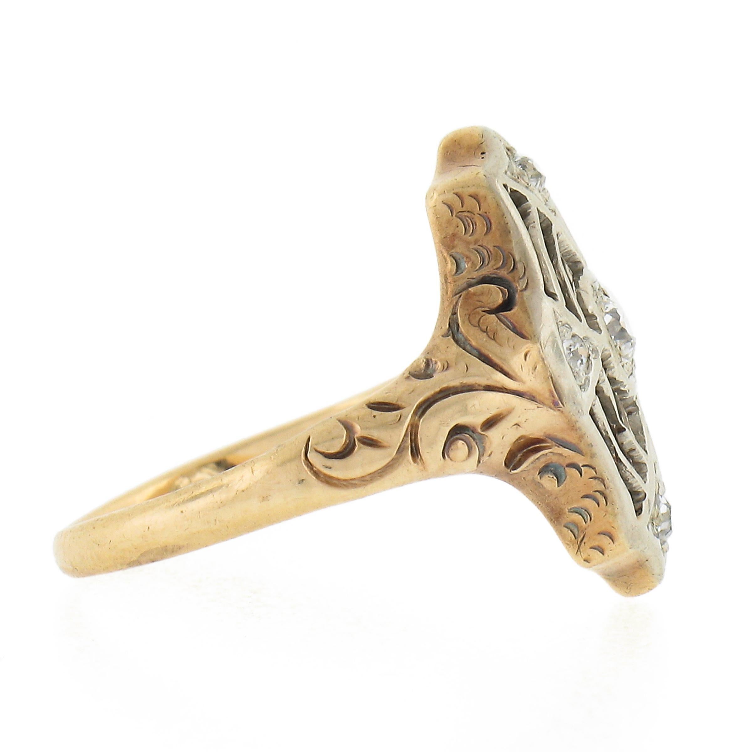 Women's Antique Edwardian 14k Two Tone Gold Old European Diamond Filigree Repousse Ring For Sale