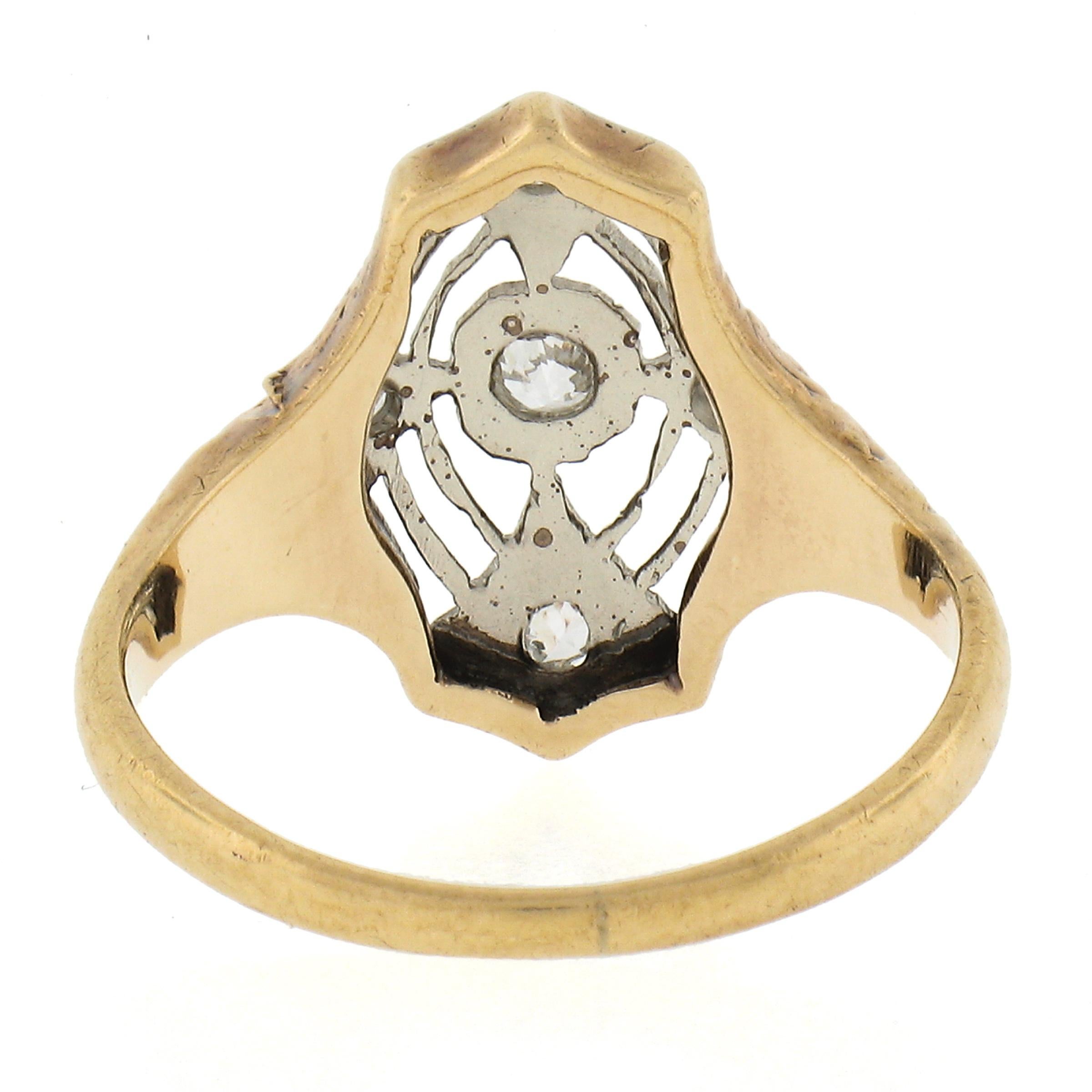 Antique Edwardian 14k Two Tone Gold Old European Diamond Filigree Repousse Ring For Sale 2