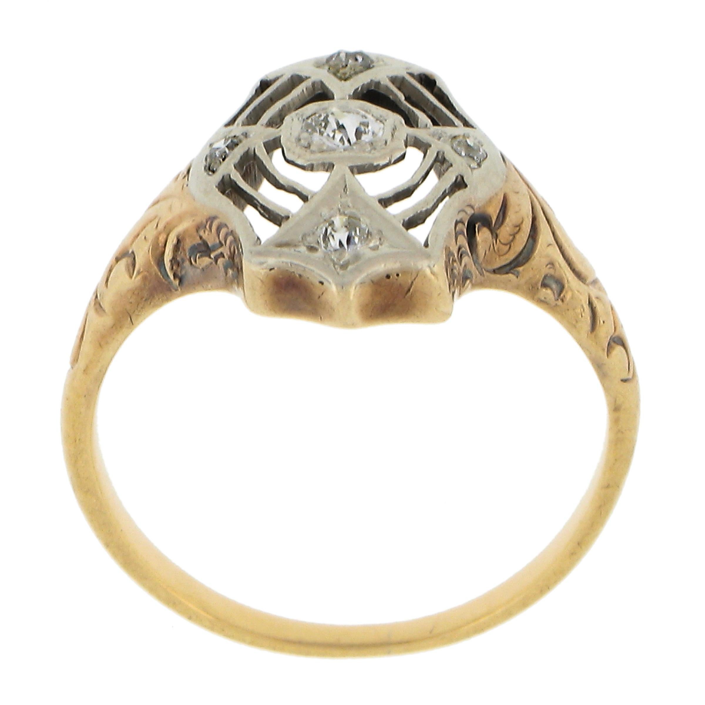 Antique Edwardian 14k Two Tone Gold Old European Diamond Filigree Repousse Ring For Sale 3