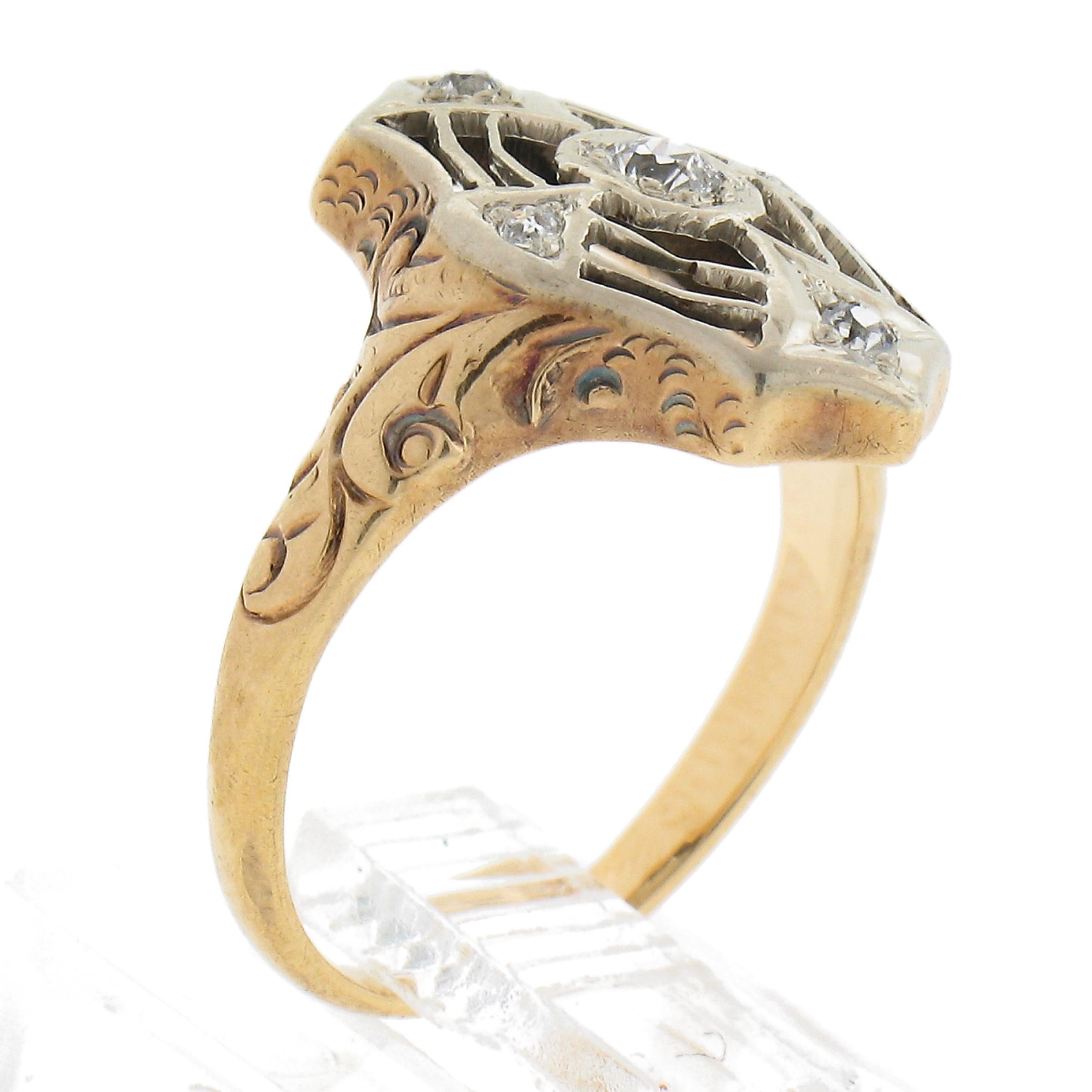 Antique Edwardian 14k Two Tone Gold Old European Diamond Filigree Repousse Ring For Sale 4