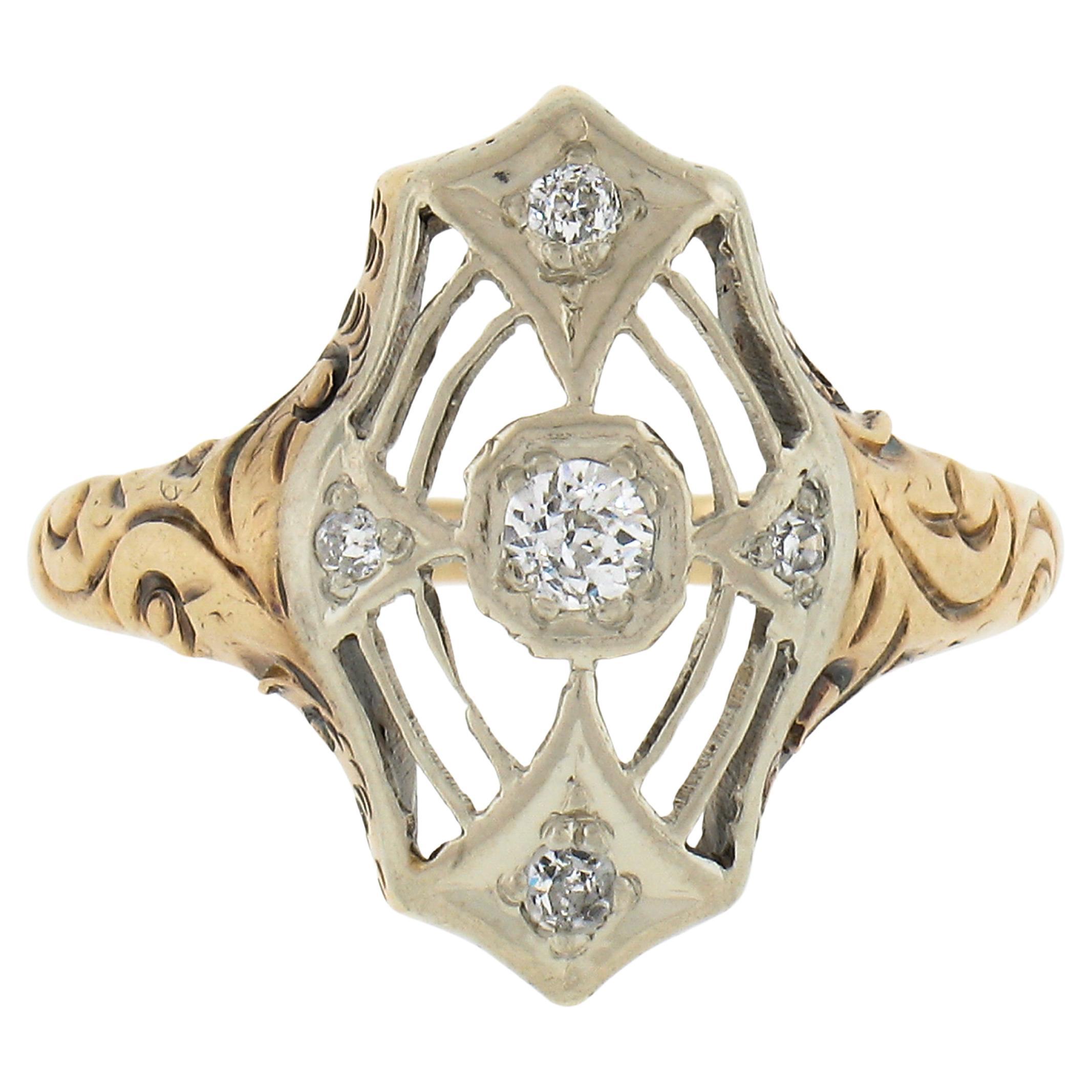 Bague édouardienne ancienne repoussée filigrane en or bicolore 14 carats avec diamants européens anciens en vente