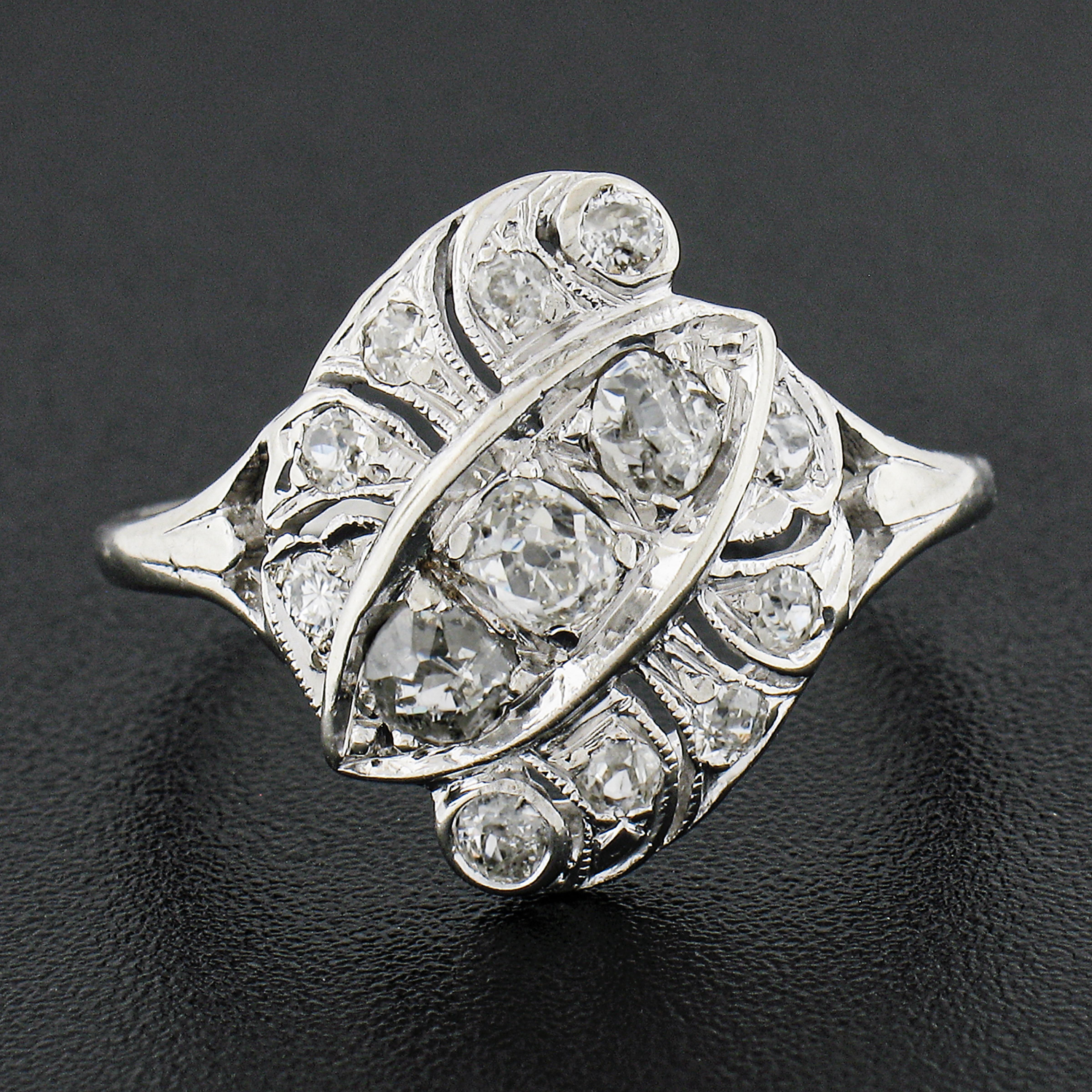 Old European Cut Antique Edwardian 14K White Gold 0.70ctw Old Cut Diamond Cocktail Ring For Sale