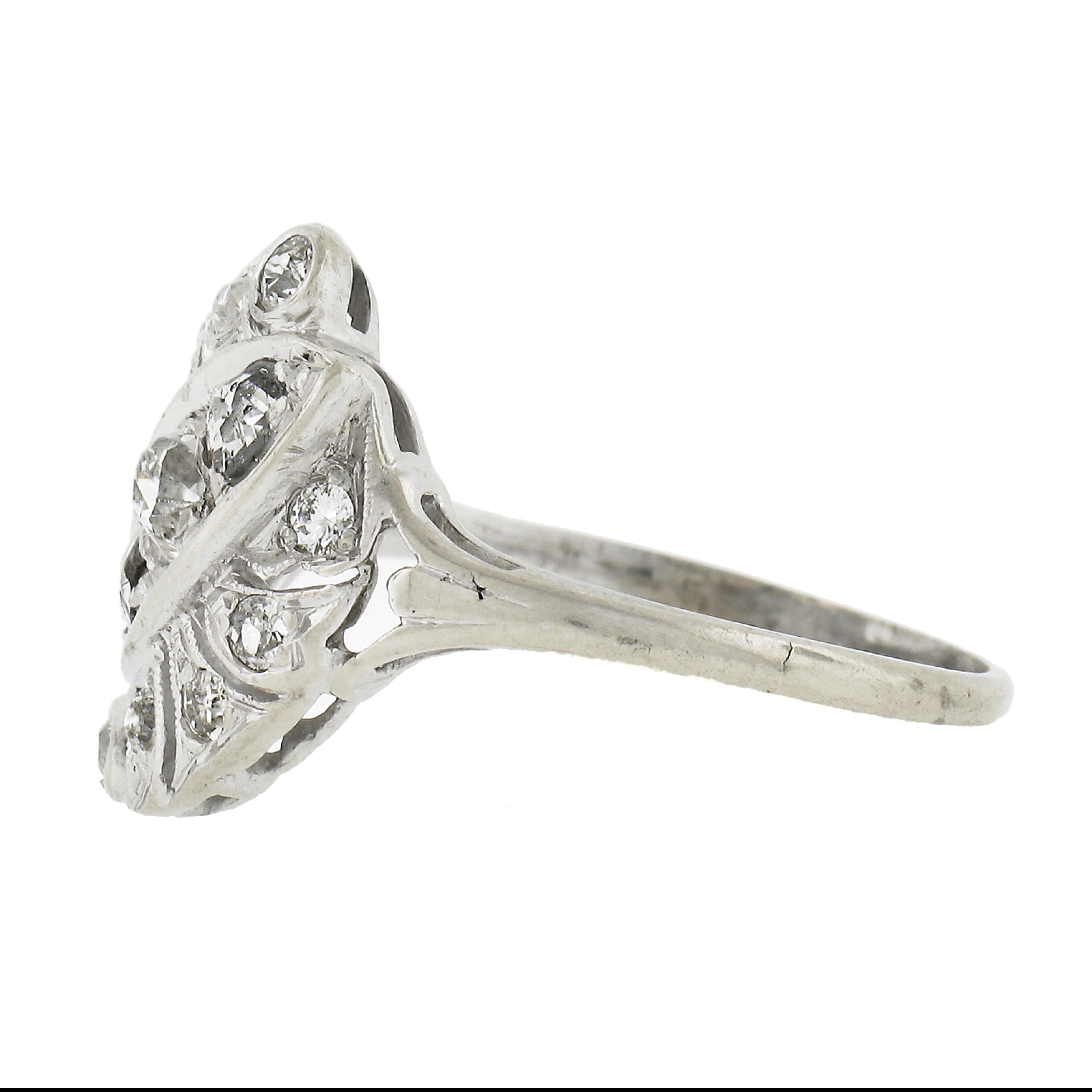 Antique Edwardian 14K White Gold 0.70ctw Old Cut Diamond Cocktail Ring For Sale 1