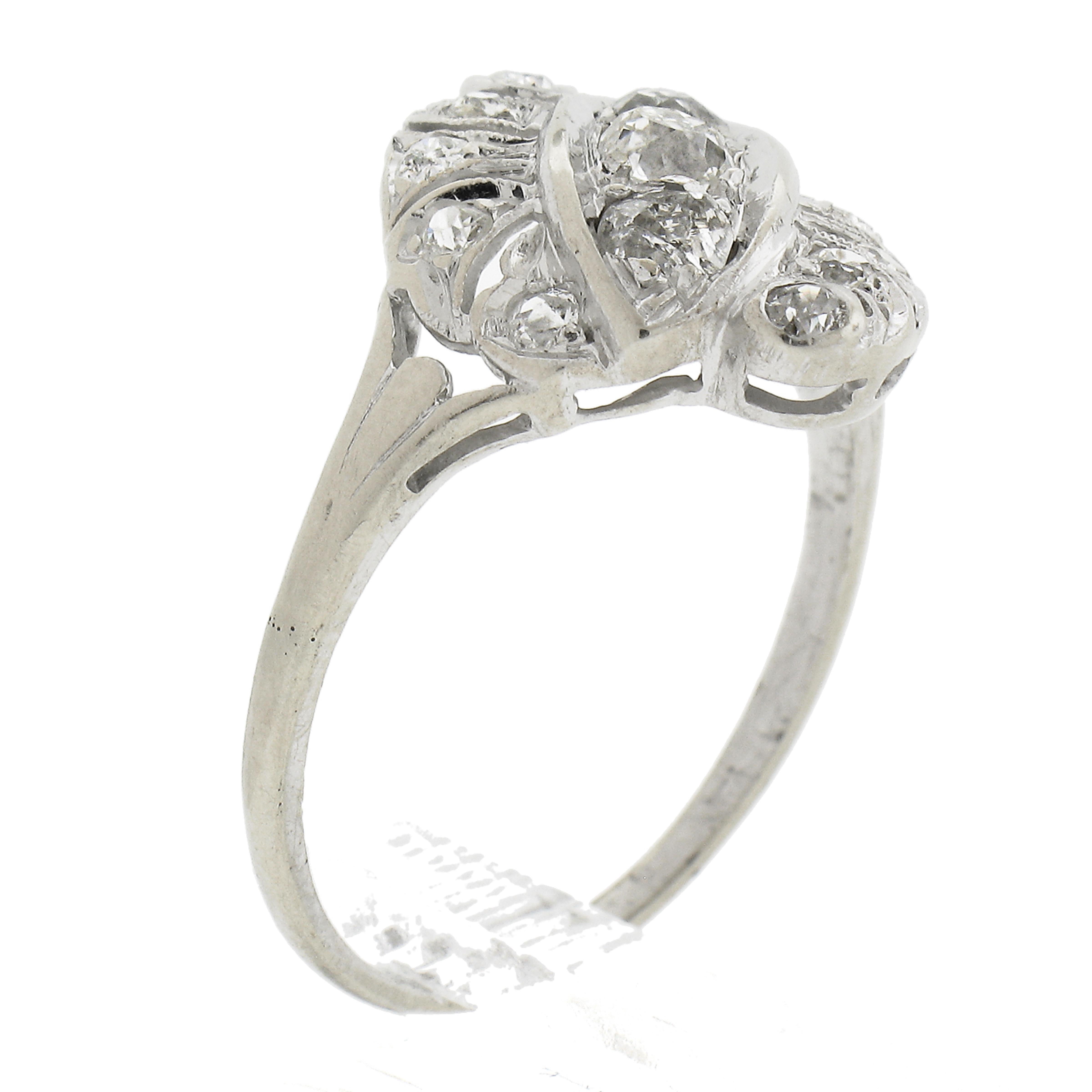 Antique Edwardian 14K White Gold 0.70ctw Old Cut Diamond Cocktail Ring For Sale 4