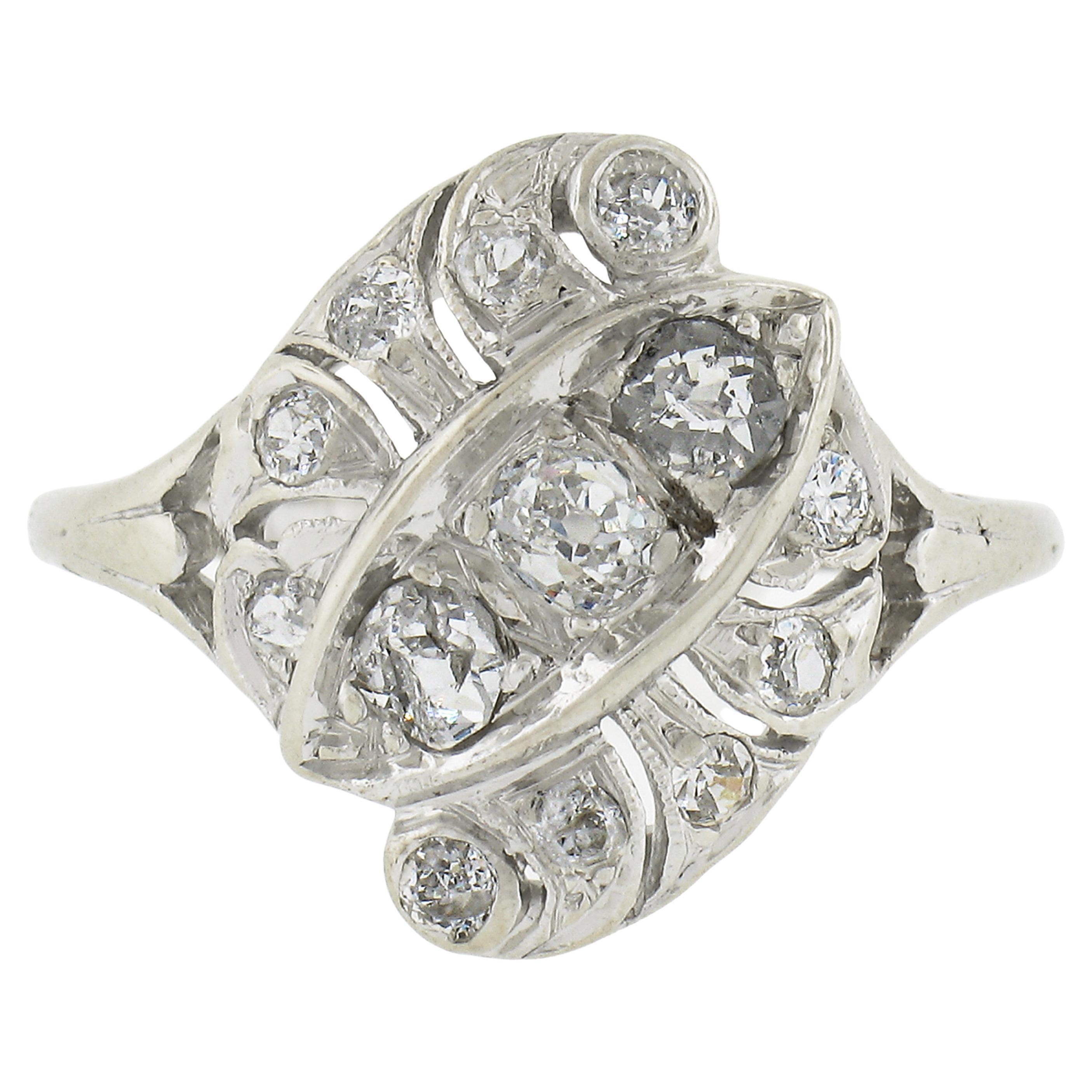 Antique Edwardian 14K White Gold 0.70ctw Old Cut Diamond Cocktail Ring For Sale