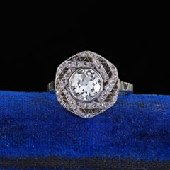 Antique Edwardian 14K White Gold Platinum Old Euro Diamond Engagement Ring - GIA