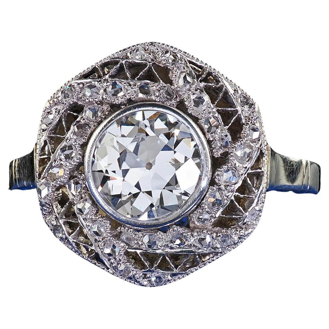 Antique Edwardian 14K White Gold Platinum Old Euro Diamond Engagement Ring - GIA For Sale