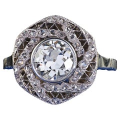 Antique Edwardian 14K White Gold Platinum Old Euro Diamond Engagement Ring - GIA