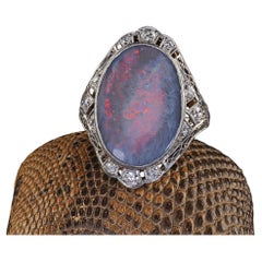 Antique Edwardian 14K White Gold Platinum Top Black Opal Old Euro Diamond Ring