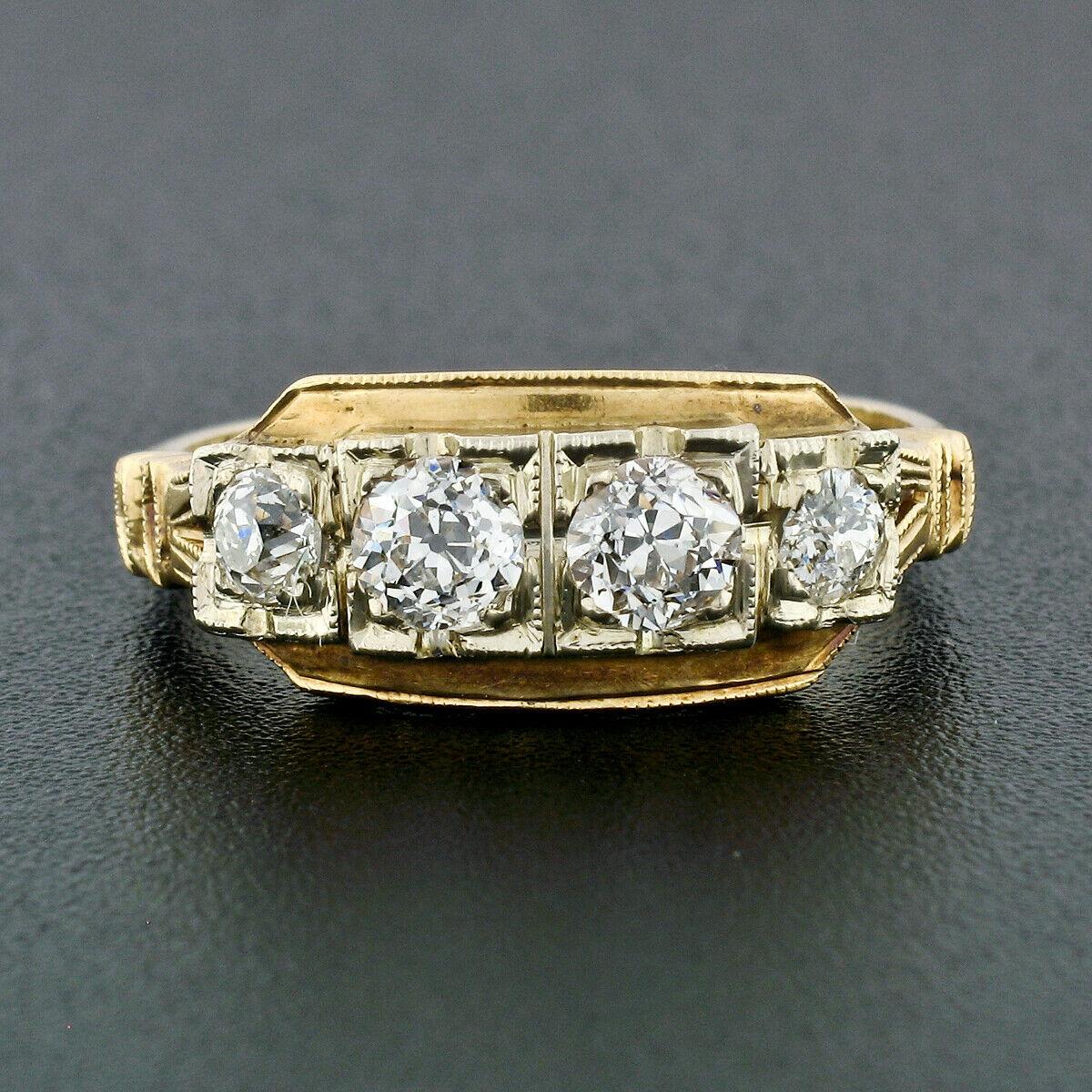 This gorgeous antique diamond wedding band was crafted during the Edwardian period from solid 14k gold. It features four, large old European cut diamonds sitting across the top. The diamonds are fine quality having near colorless G/H color and very