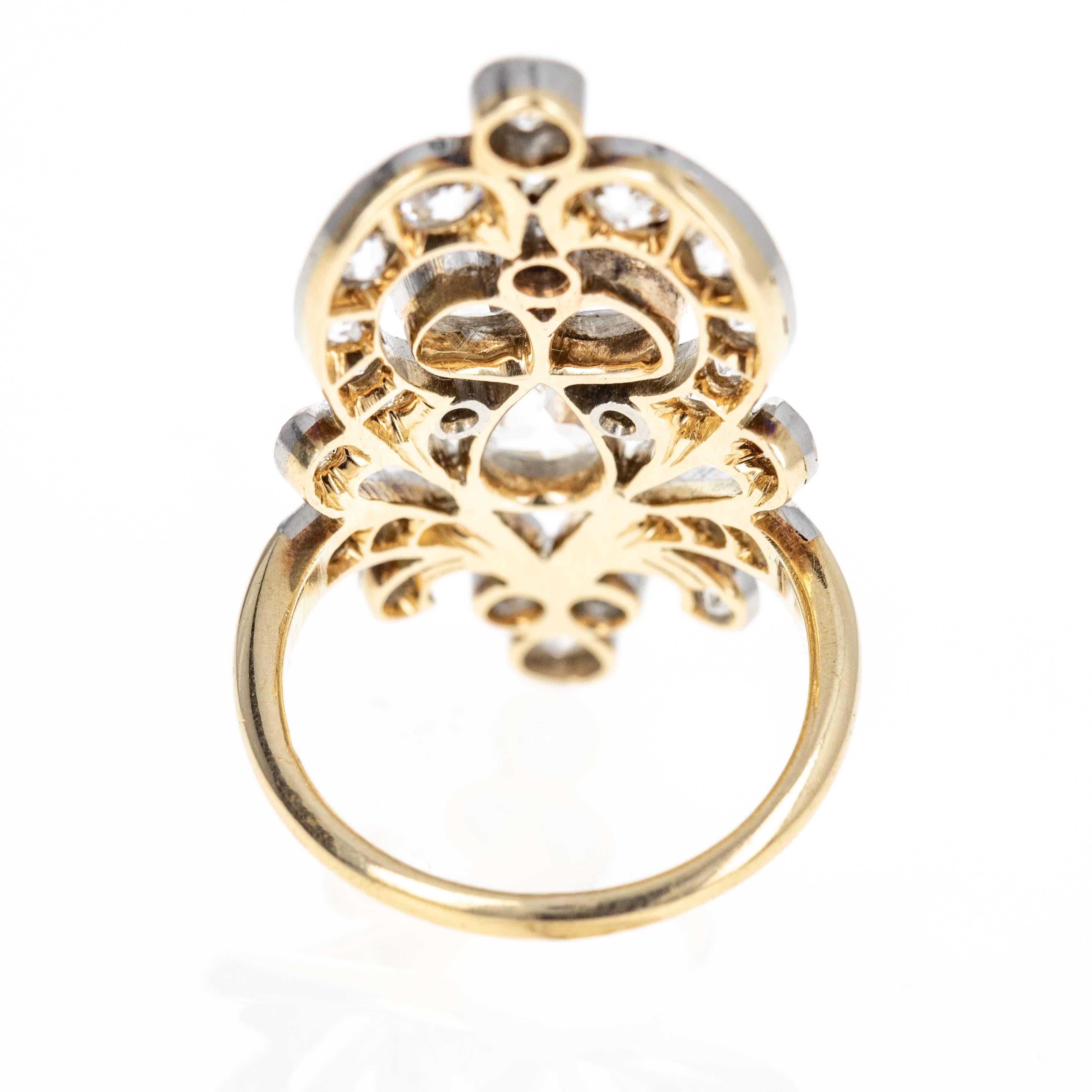 Édouardien Bague diadème édouardienne ancienne en or jaune 14 carats et platine avec diamants de 1,75 carat en vente
