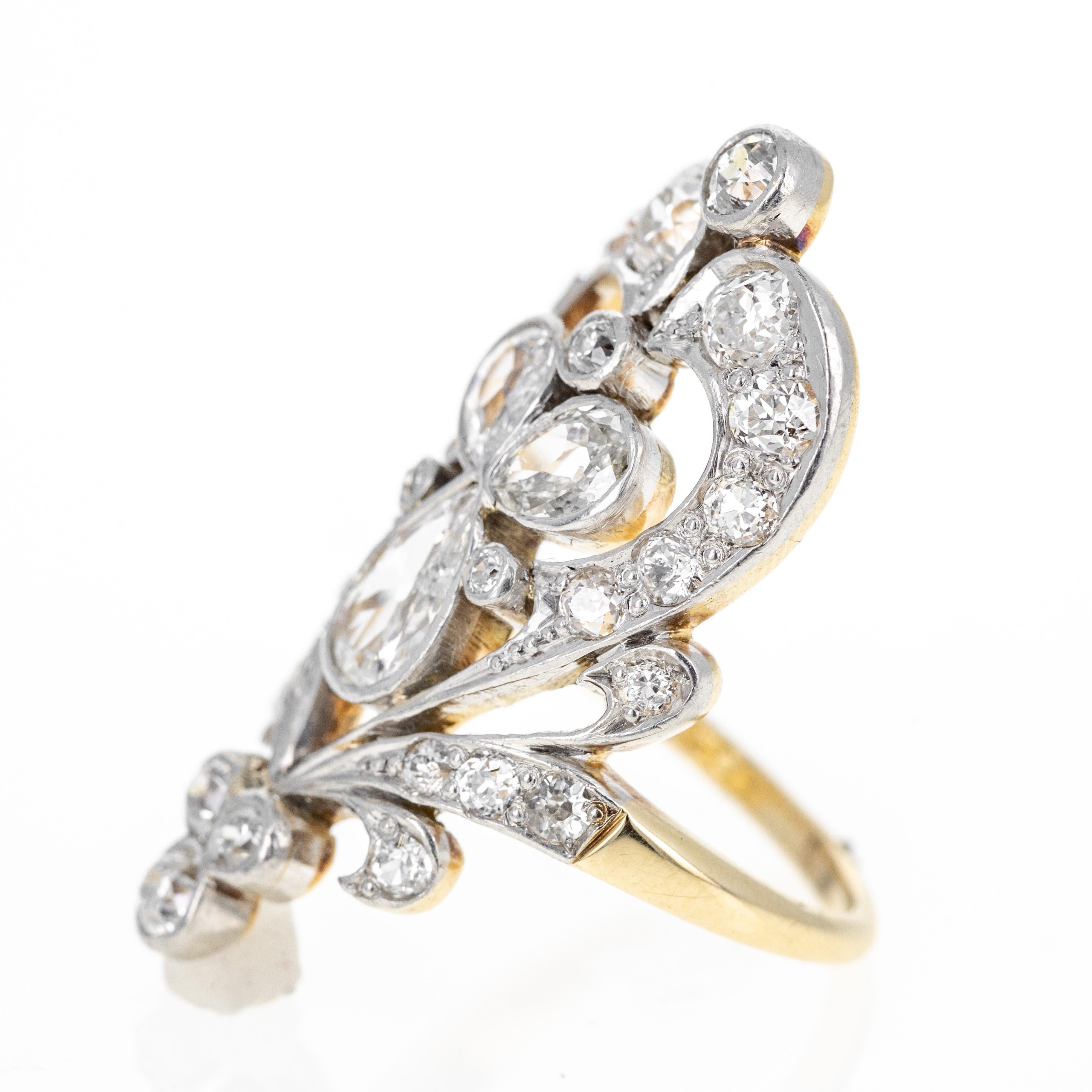 Taille vieille Europe Bague diadème édouardienne ancienne en or jaune 14 carats et platine avec diamants de 1,75 carat en vente
