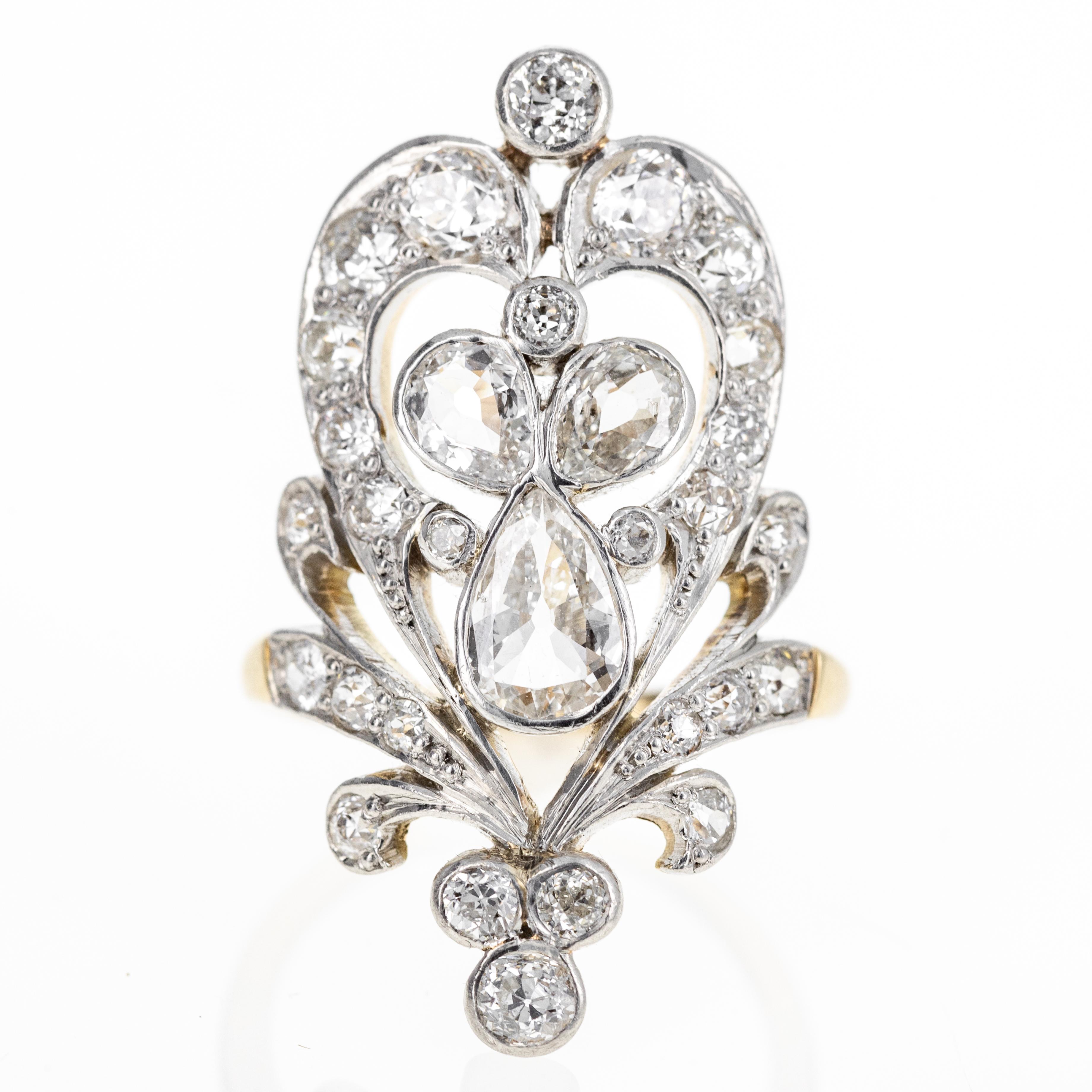 Bague diadème édouardienne ancienne en or jaune 14 carats et platine avec diamants de 1,75 carat en vente 1