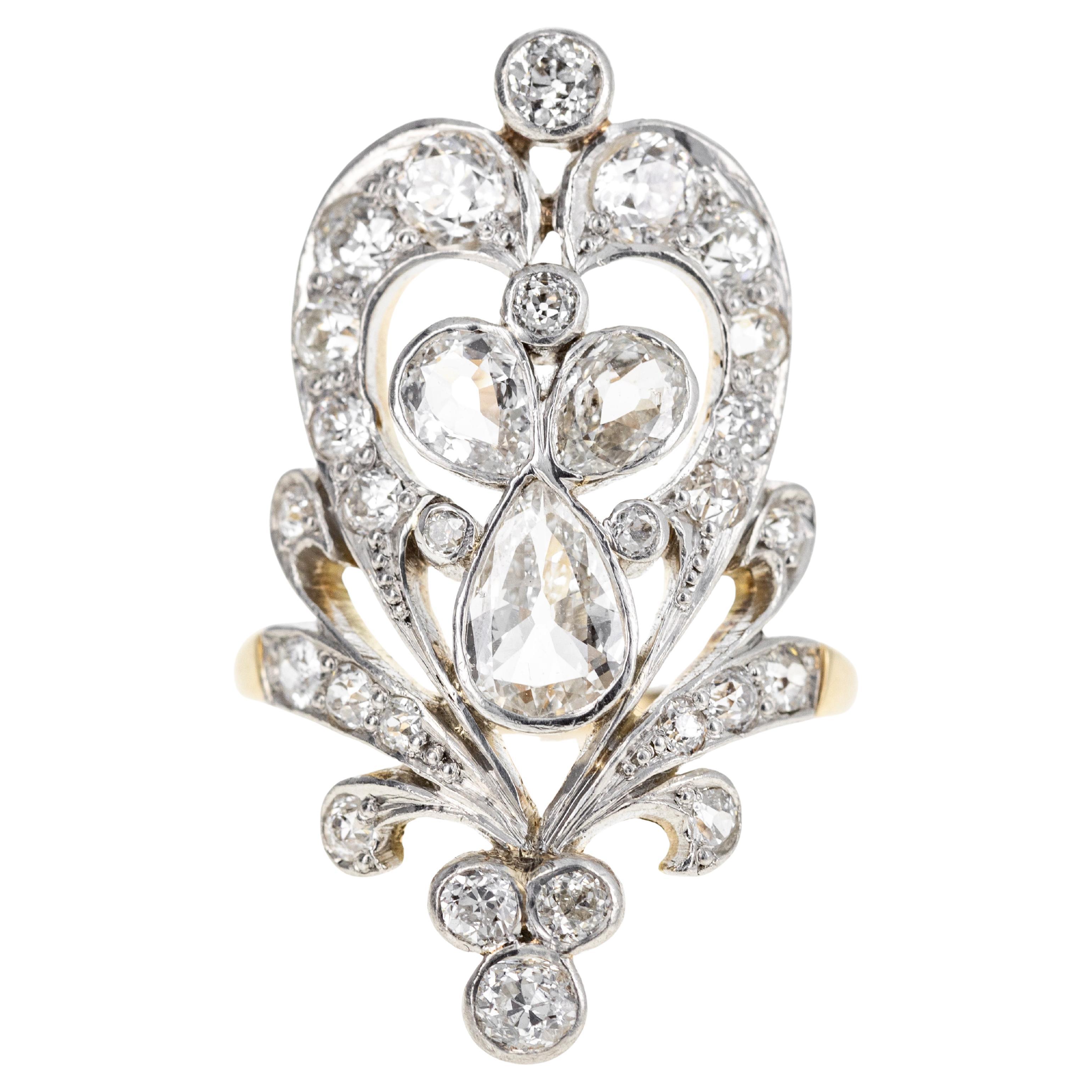 Antiguo anillo eduardiano de oro amarillo de 14 quilates y platino con tiara de diamantes de 1,75 quilates