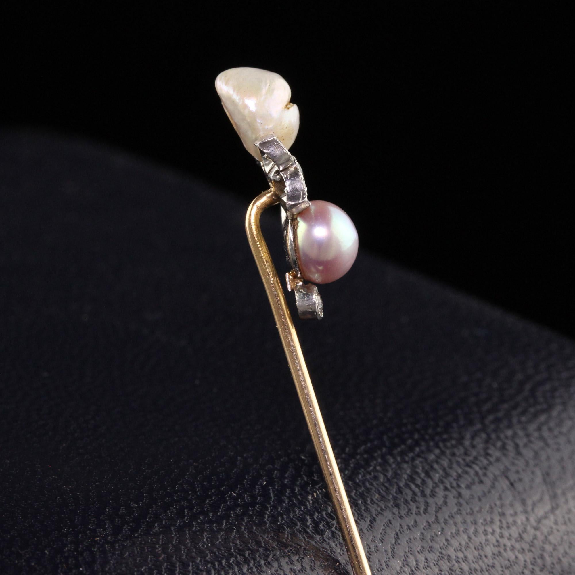 Single Cut Antique Edwardian 14K Yellow Gold and Platinum Natural Pearl Diamond Stick Pin For Sale