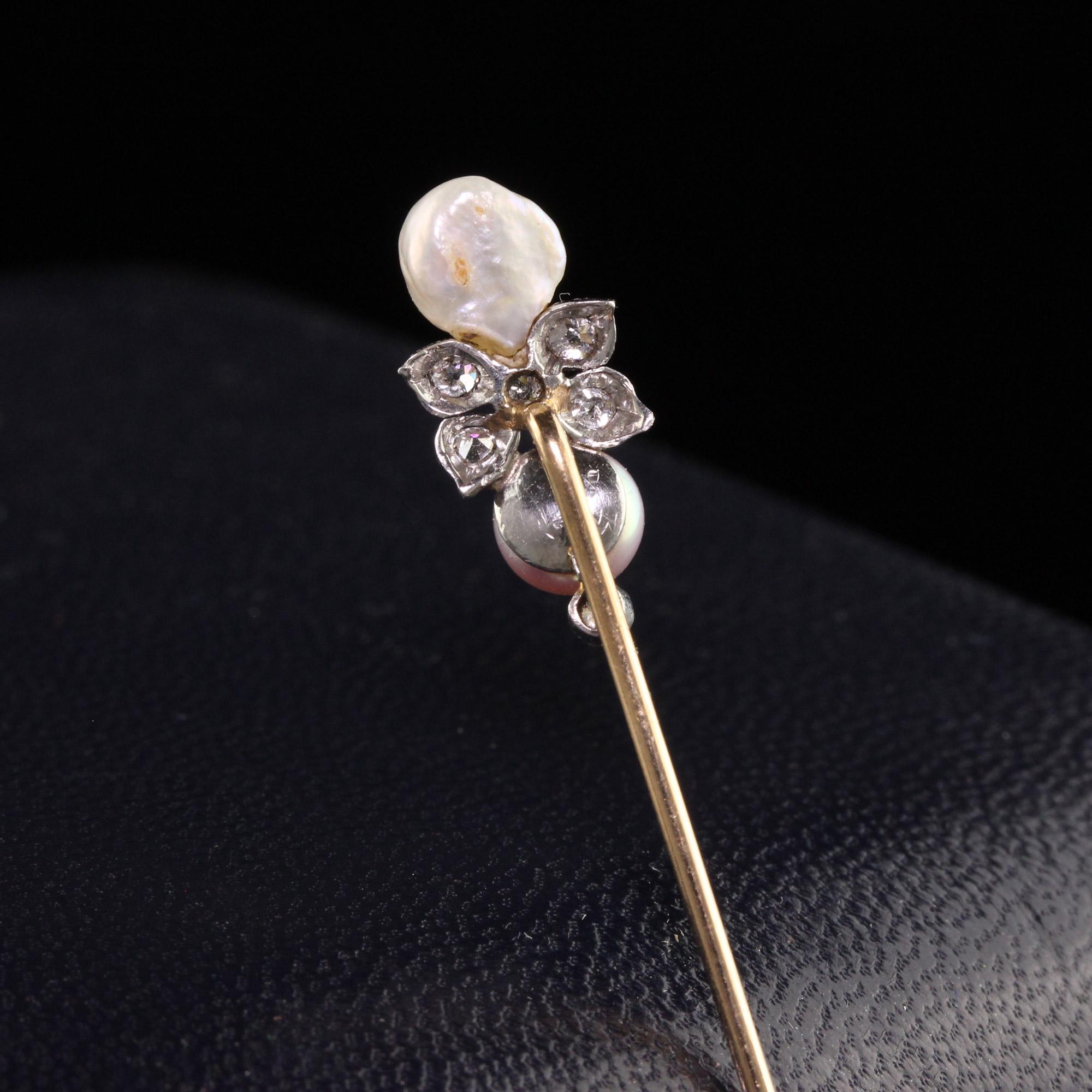 Antique Edwardian 14K Yellow Gold and Platinum Natural Pearl Diamond Stick Pin In Good Condition For Sale In Great Neck, NY