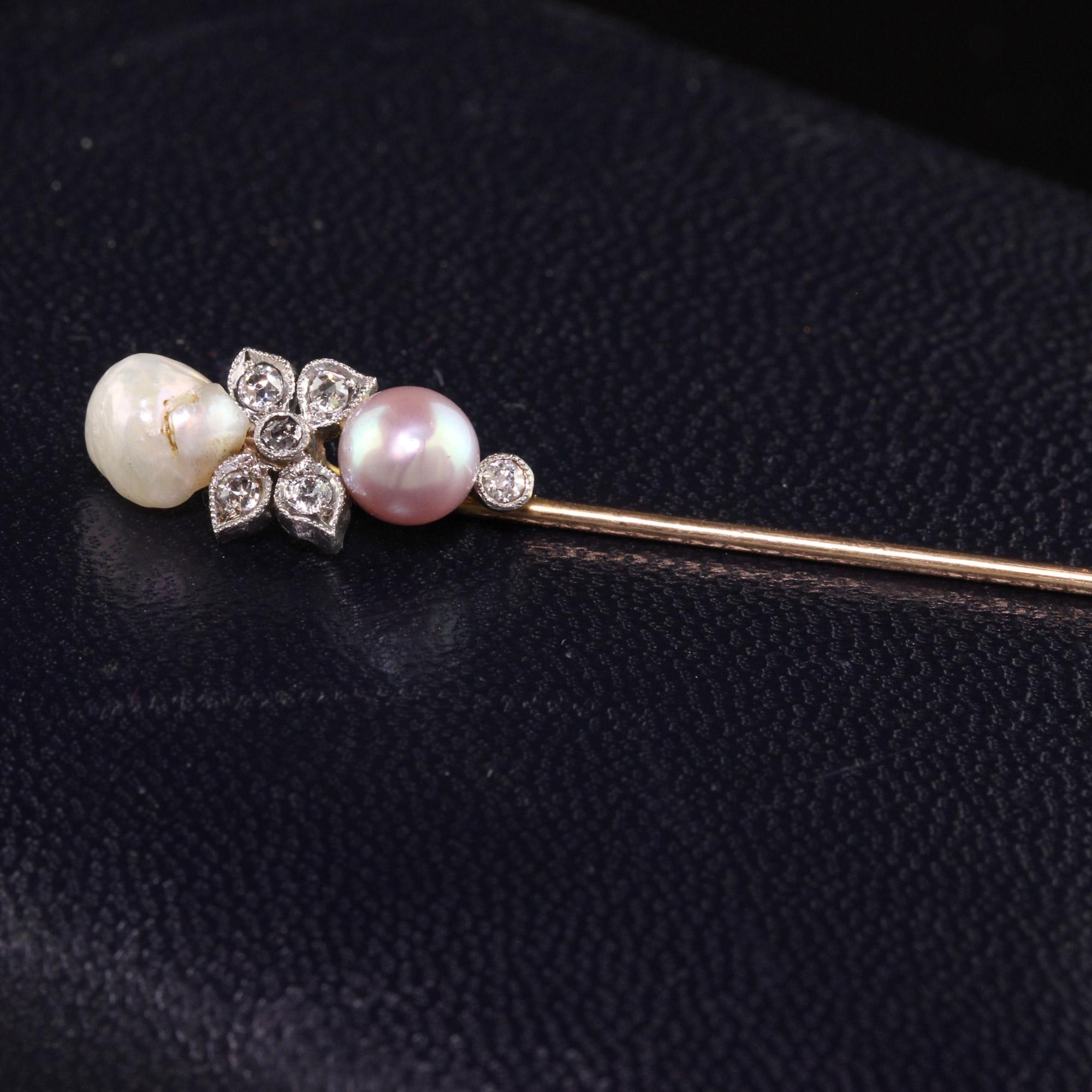 Women's or Men's Antique Edwardian 14K Yellow Gold and Platinum Natural Pearl Diamond Stick Pin For Sale