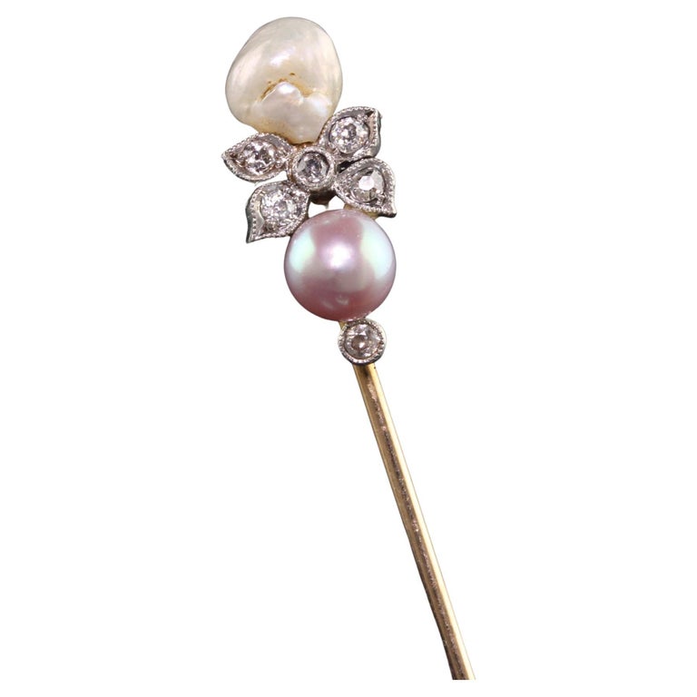 Antique Edwardian 14K Yellow Gold and Platinum Natural Pearl Diamond