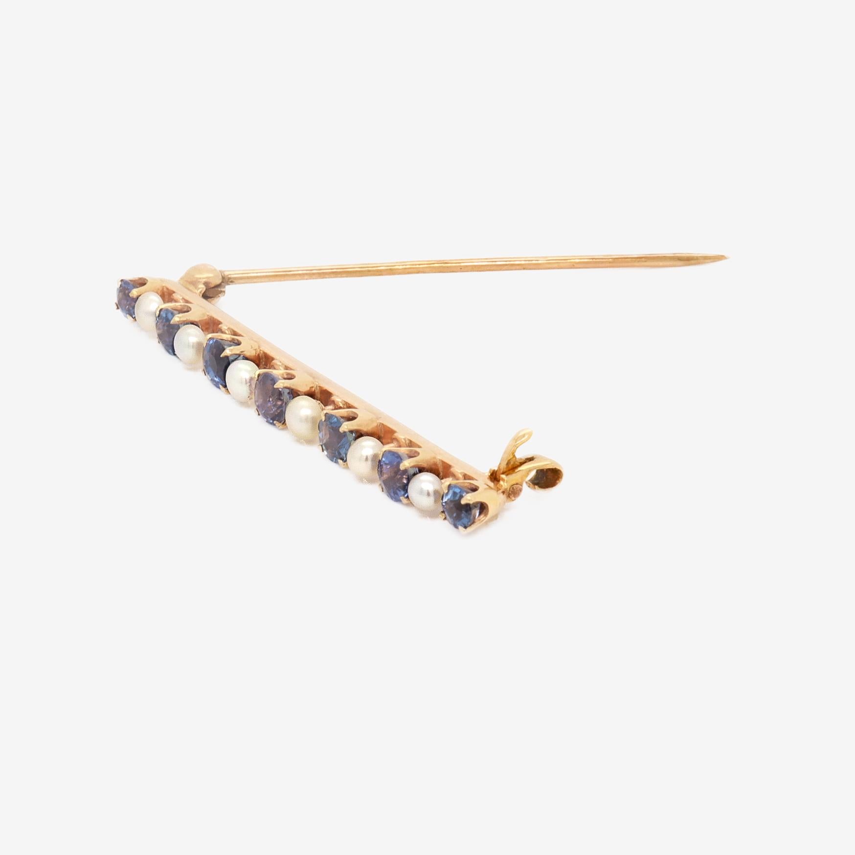Antique Edwardian 14K Yellow Gold, Blue Topaz, & Button Pearl Bar Pin or Brooch For Sale 5