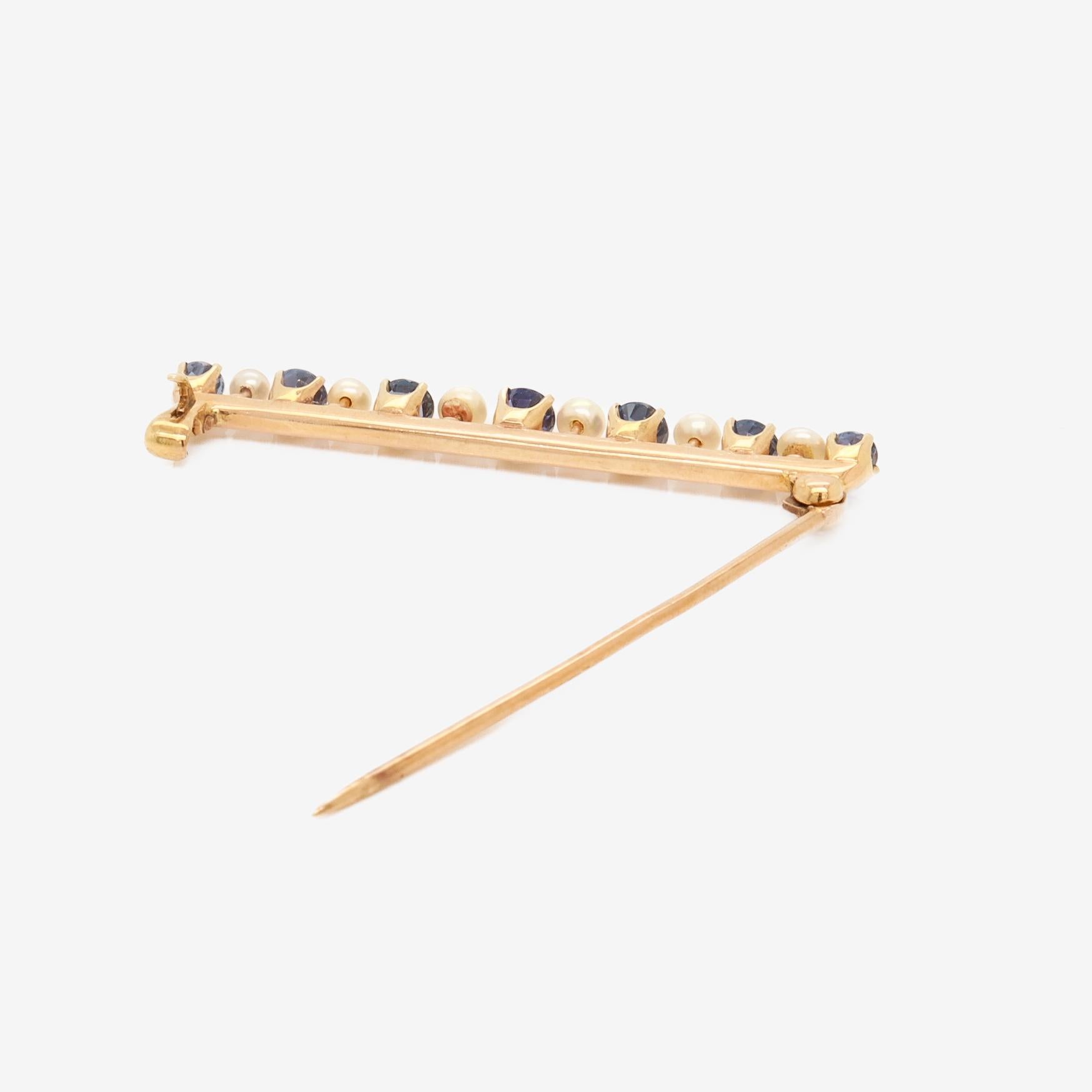Antique Edwardian 14K Yellow Gold, Blue Topaz, & Button Pearl Bar Pin or Brooch For Sale 6