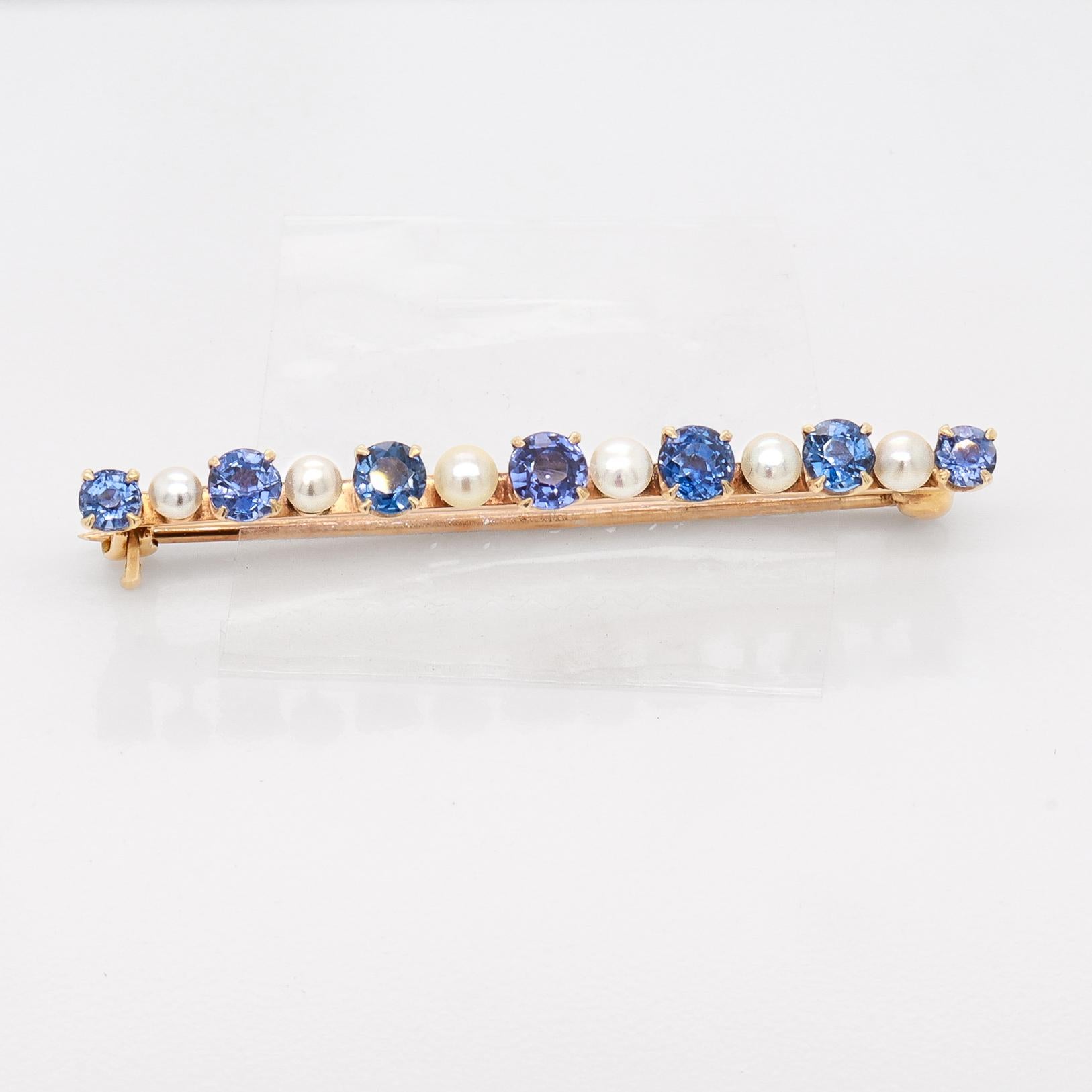 Antique Edwardian 14K Yellow Gold, Blue Topaz, & Button Pearl Bar Pin or Brooch For Sale 7
