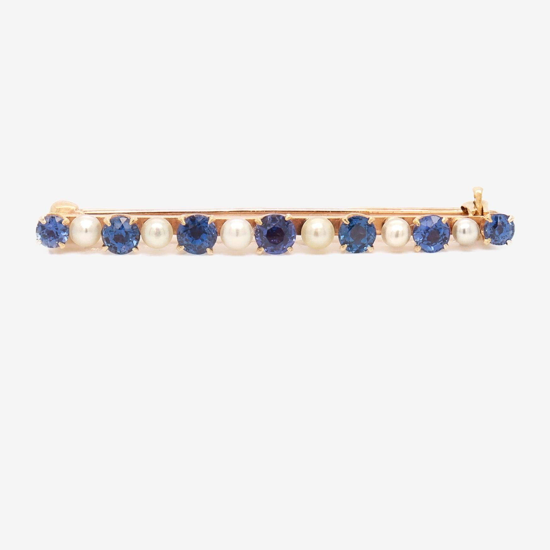 Women's or Men's Antique Edwardian 14K Yellow Gold, Blue Topaz, & Button Pearl Bar Pin or Brooch For Sale