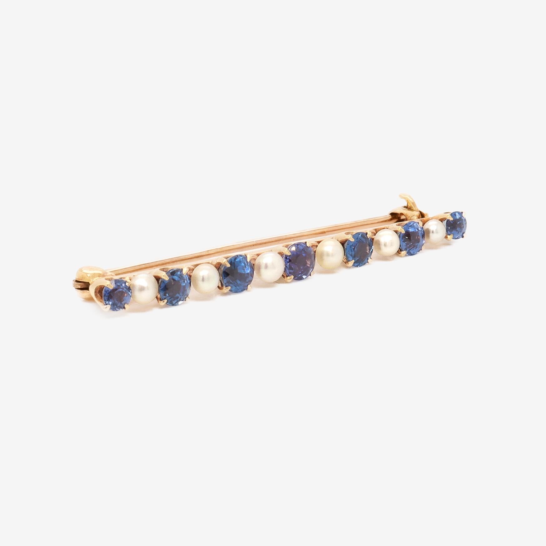 Antique Edwardian 14K Yellow Gold, Blue Topaz, & Button Pearl Bar Pin or Brooch For Sale 1