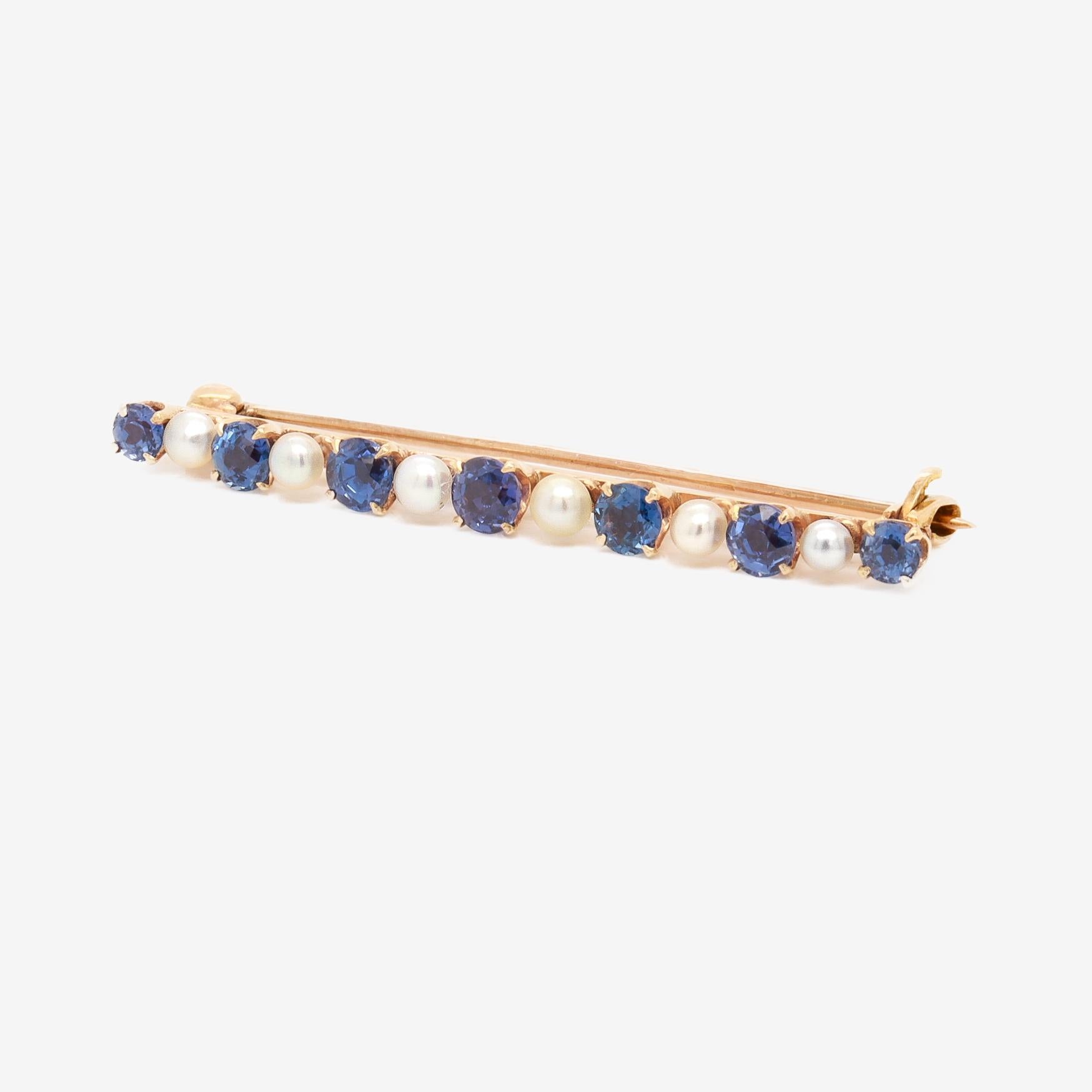 Antique Edwardian 14K Yellow Gold, Blue Topaz, & Button Pearl Bar Pin or Brooch For Sale 4